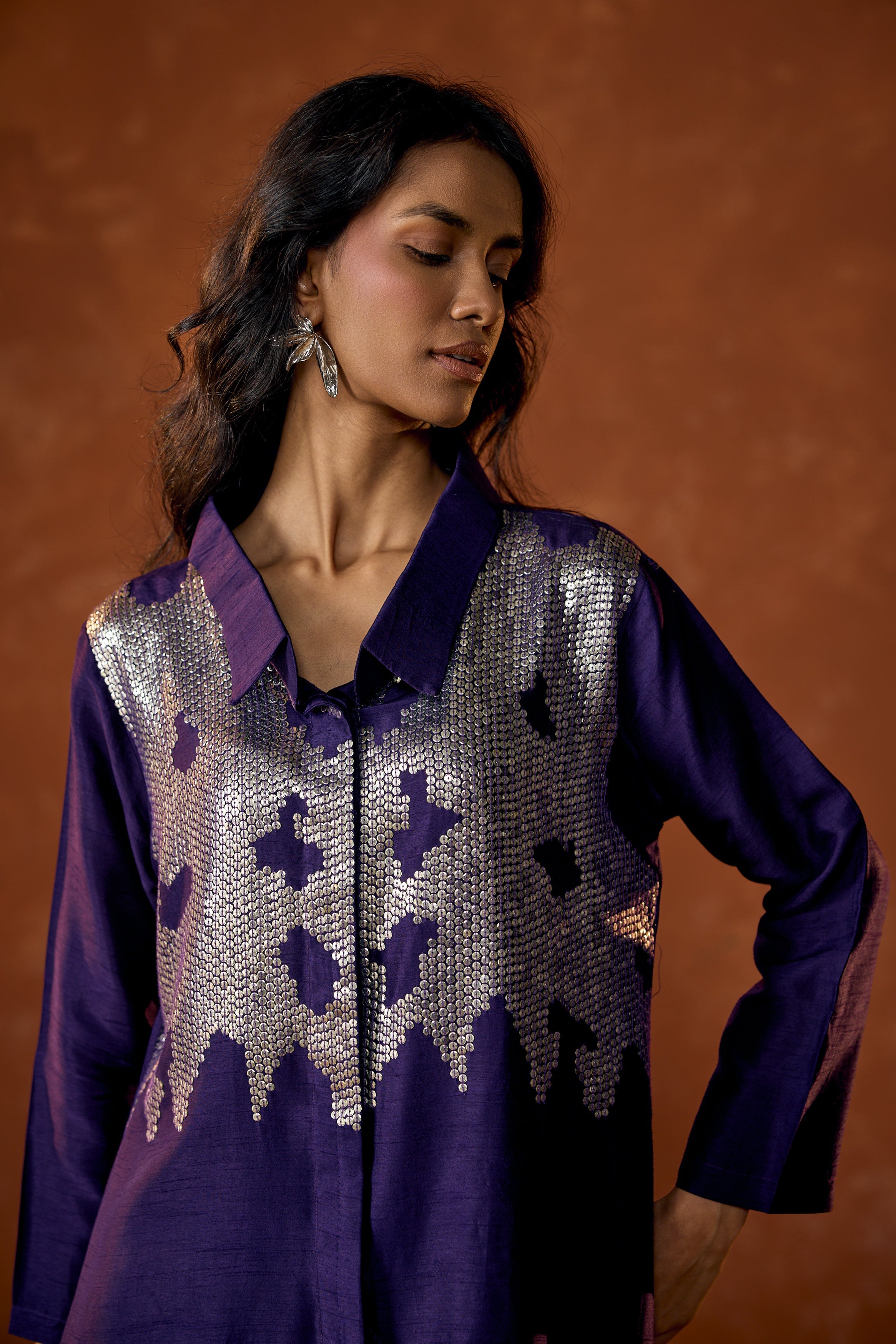 Royal Purple Embellished Raw Silk Co-Ord Set
