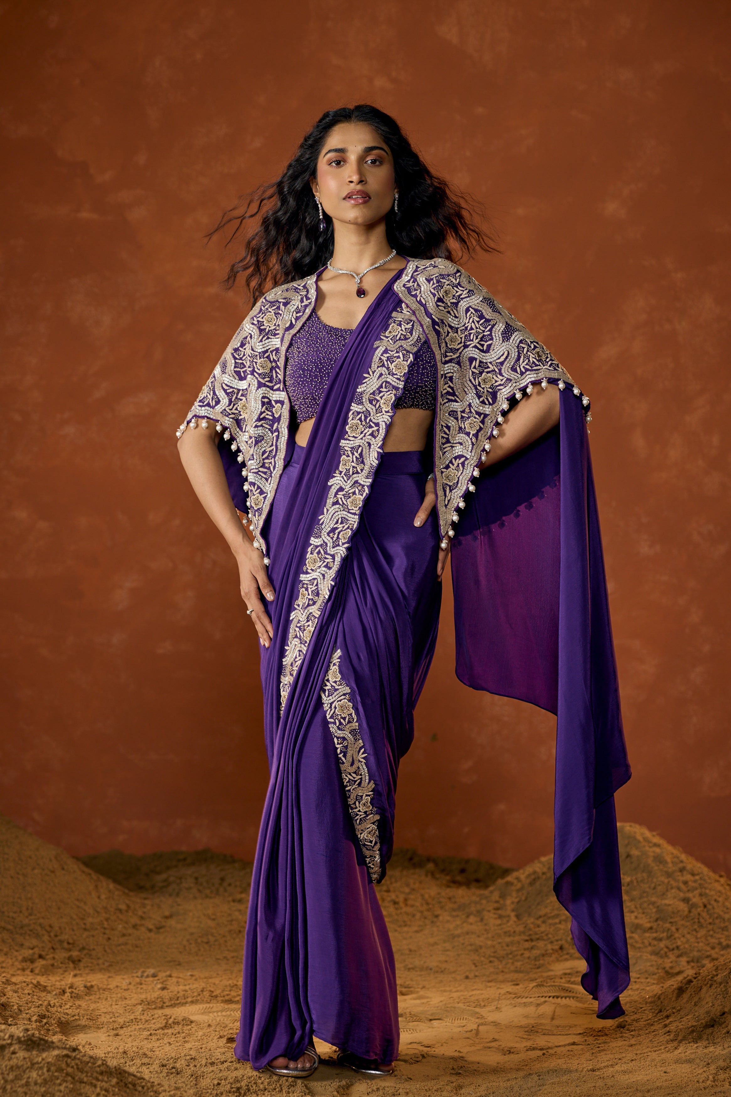 Royal Purple Embellished Chinon Silk Draped Saree