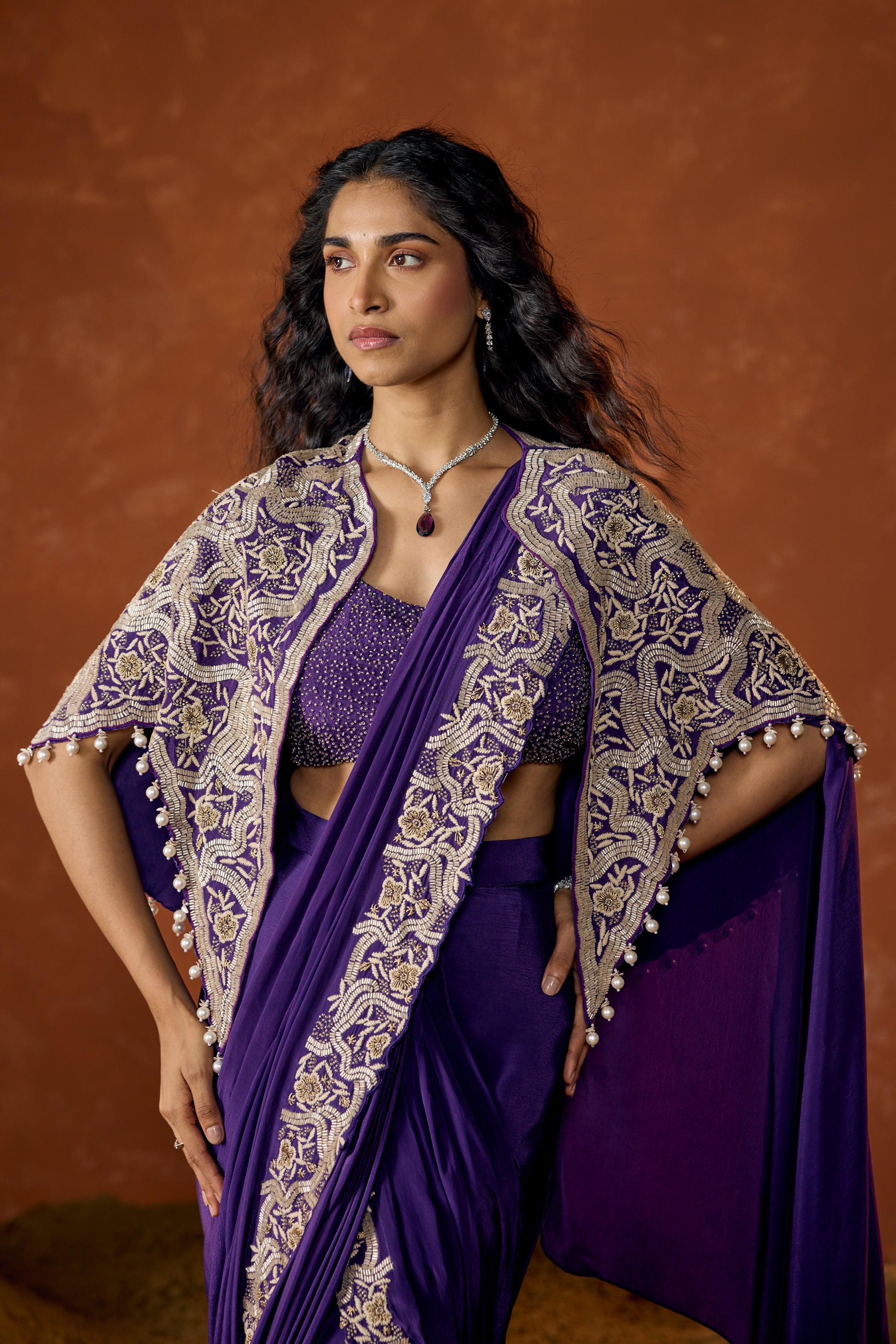 Royal Purple Embellished Chinon Silk Draped Saree