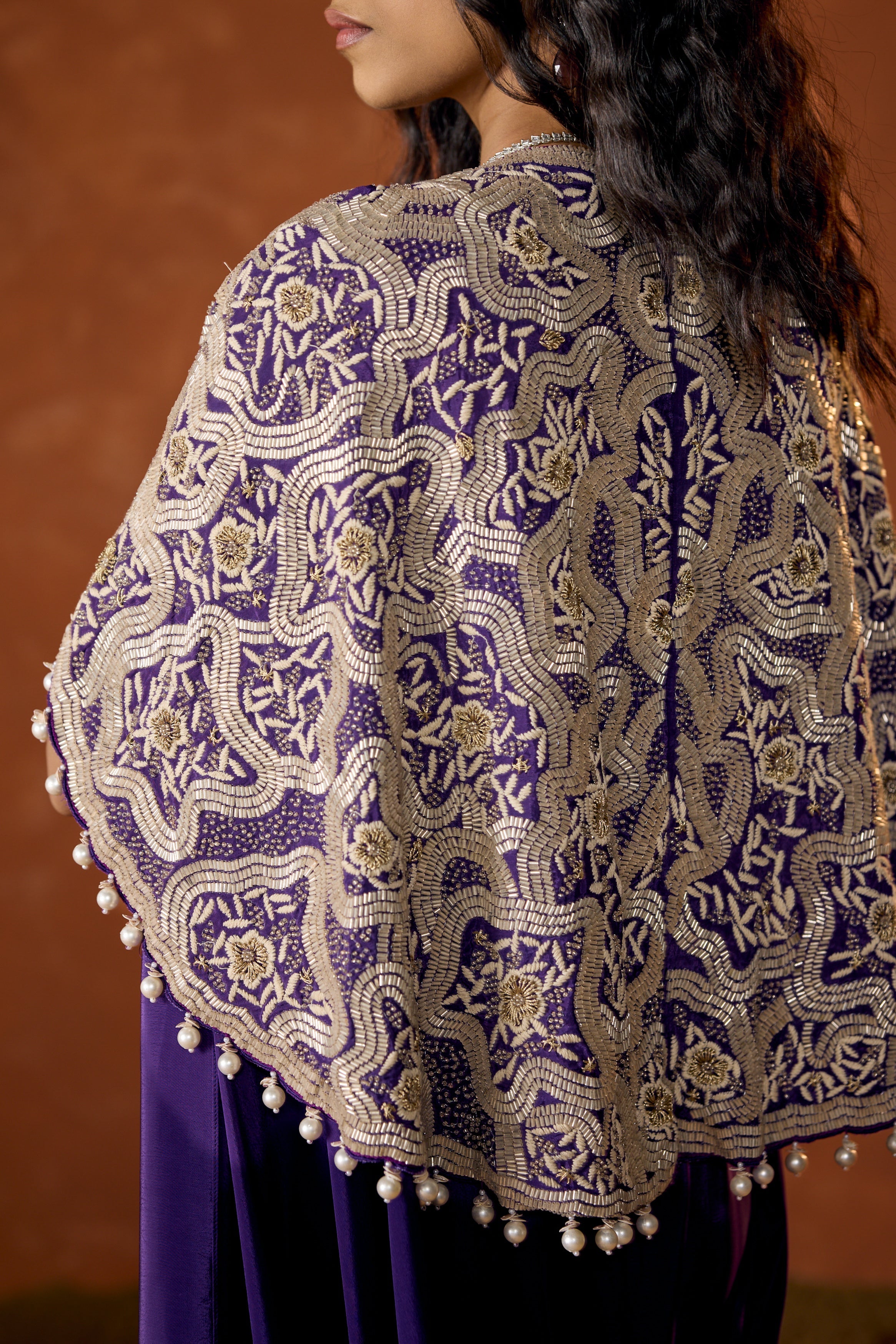 Royal Purple Embellished Chinon Silk Draped Saree