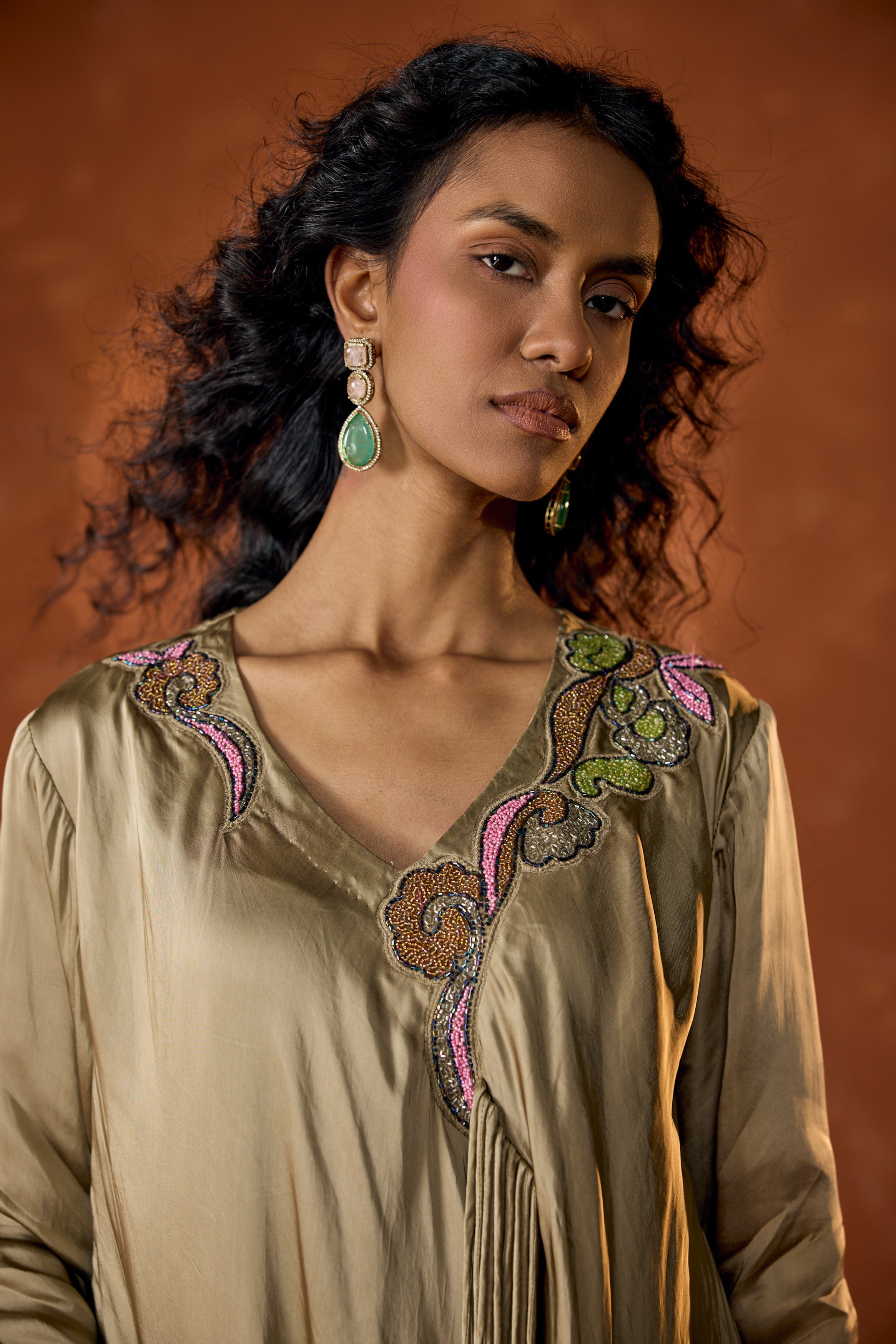 Champagne Beige Embellished Satin Silk Dress