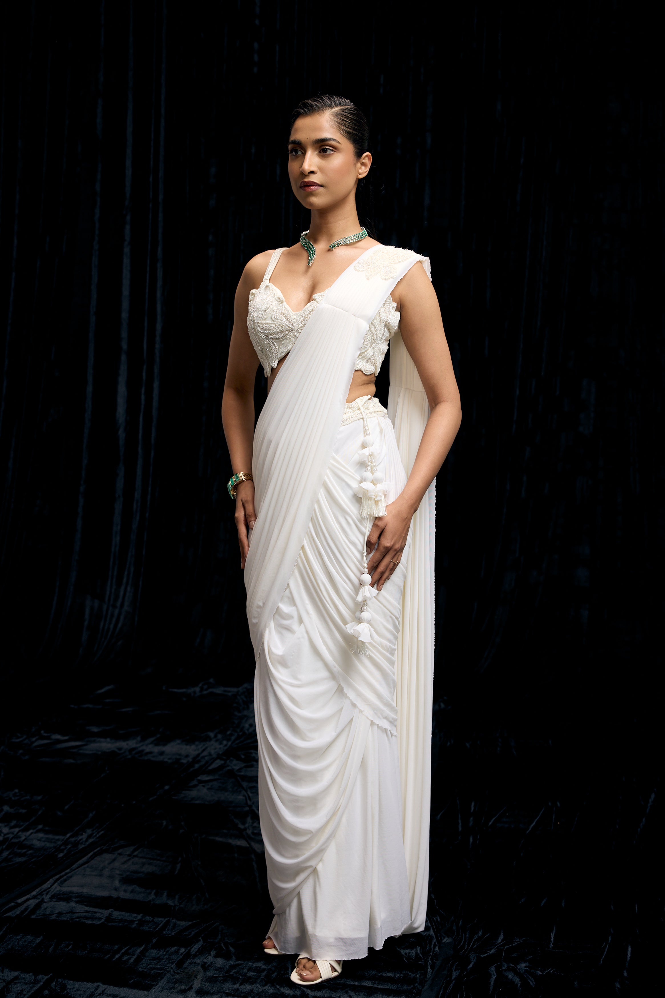 Pearl White Embellished Spandex Lycra Drape Saree