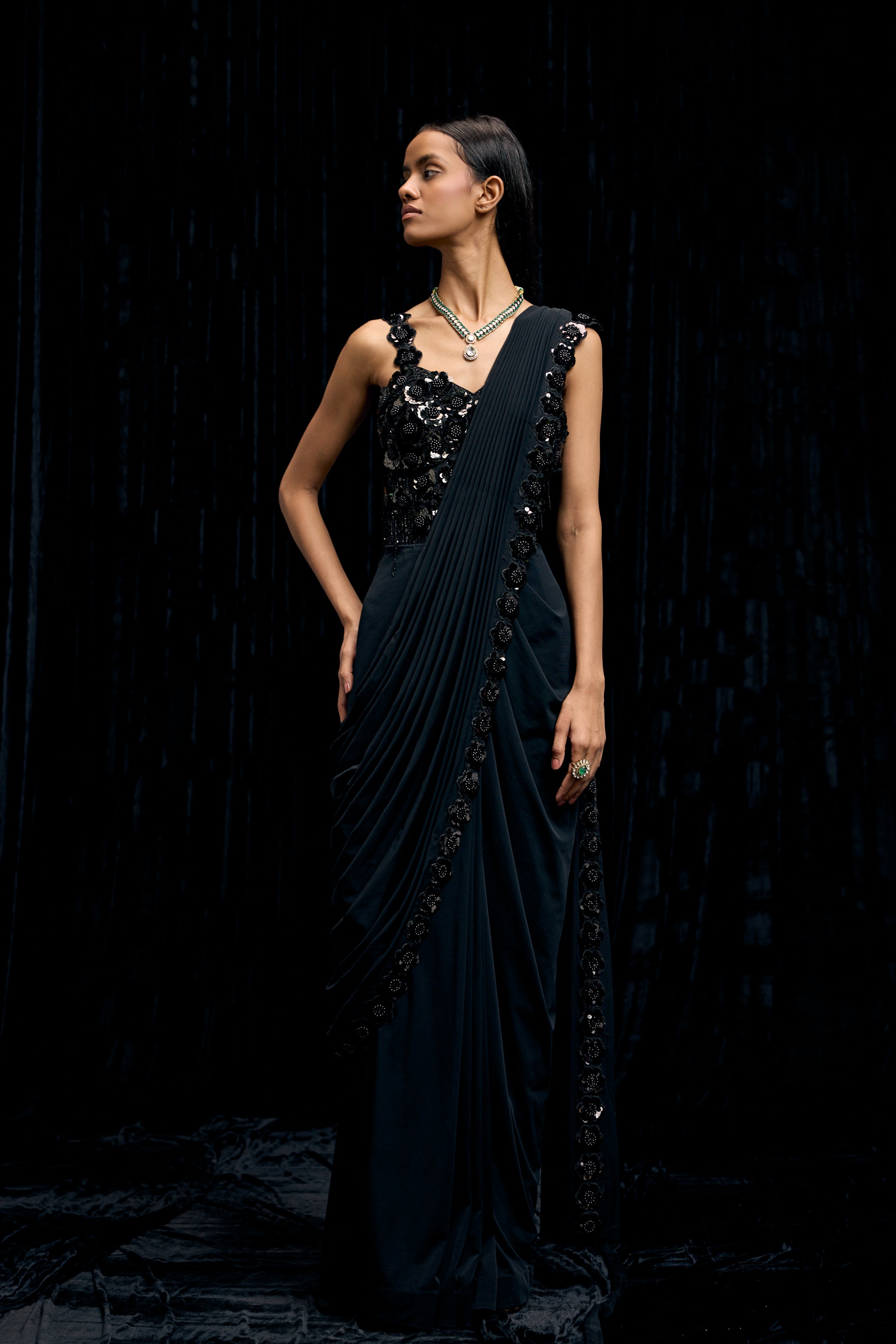Obsidian Black Embellished Premium Lycra Gown