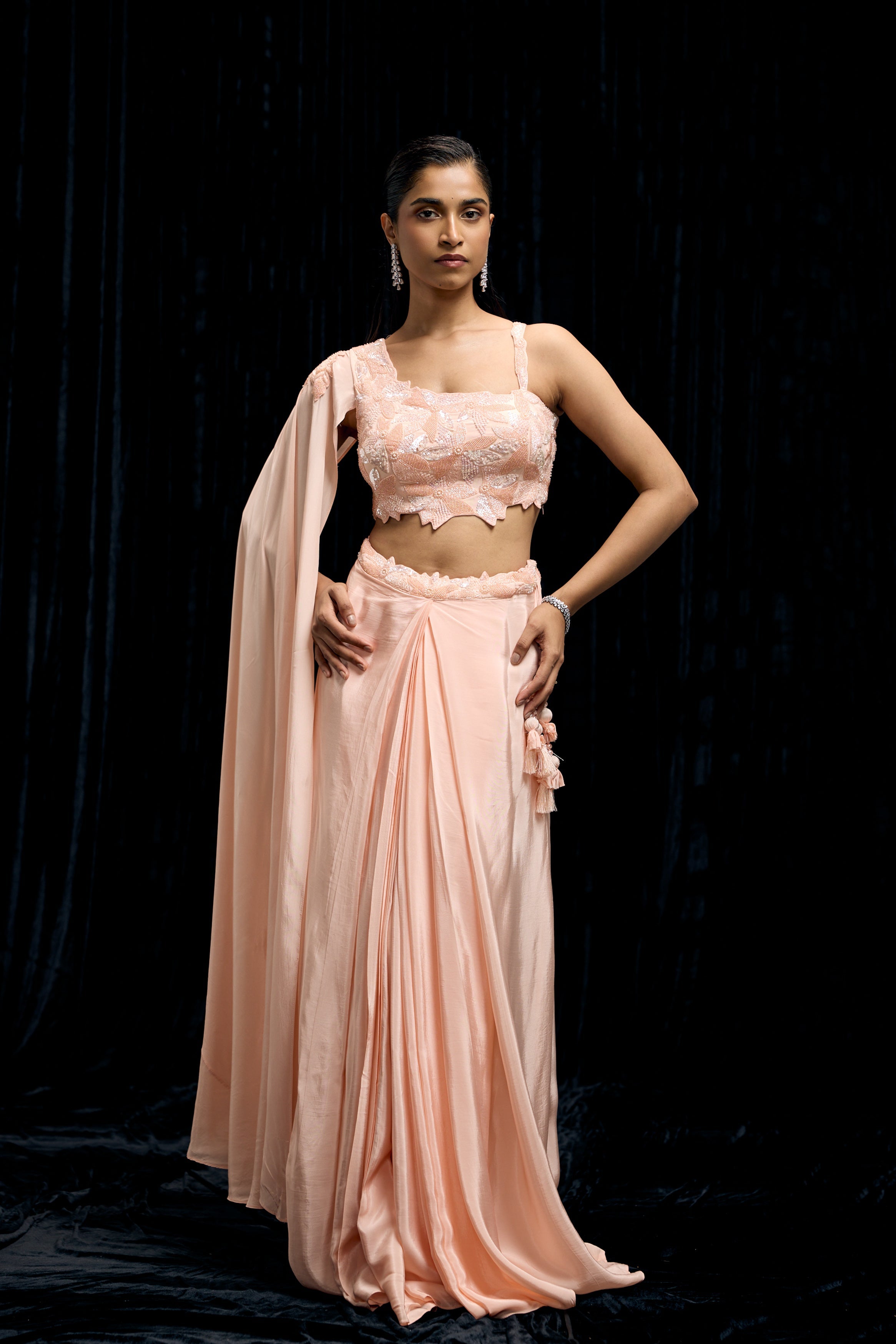 Peachy Pink Embellished Satin Silk Drape Skirt Set