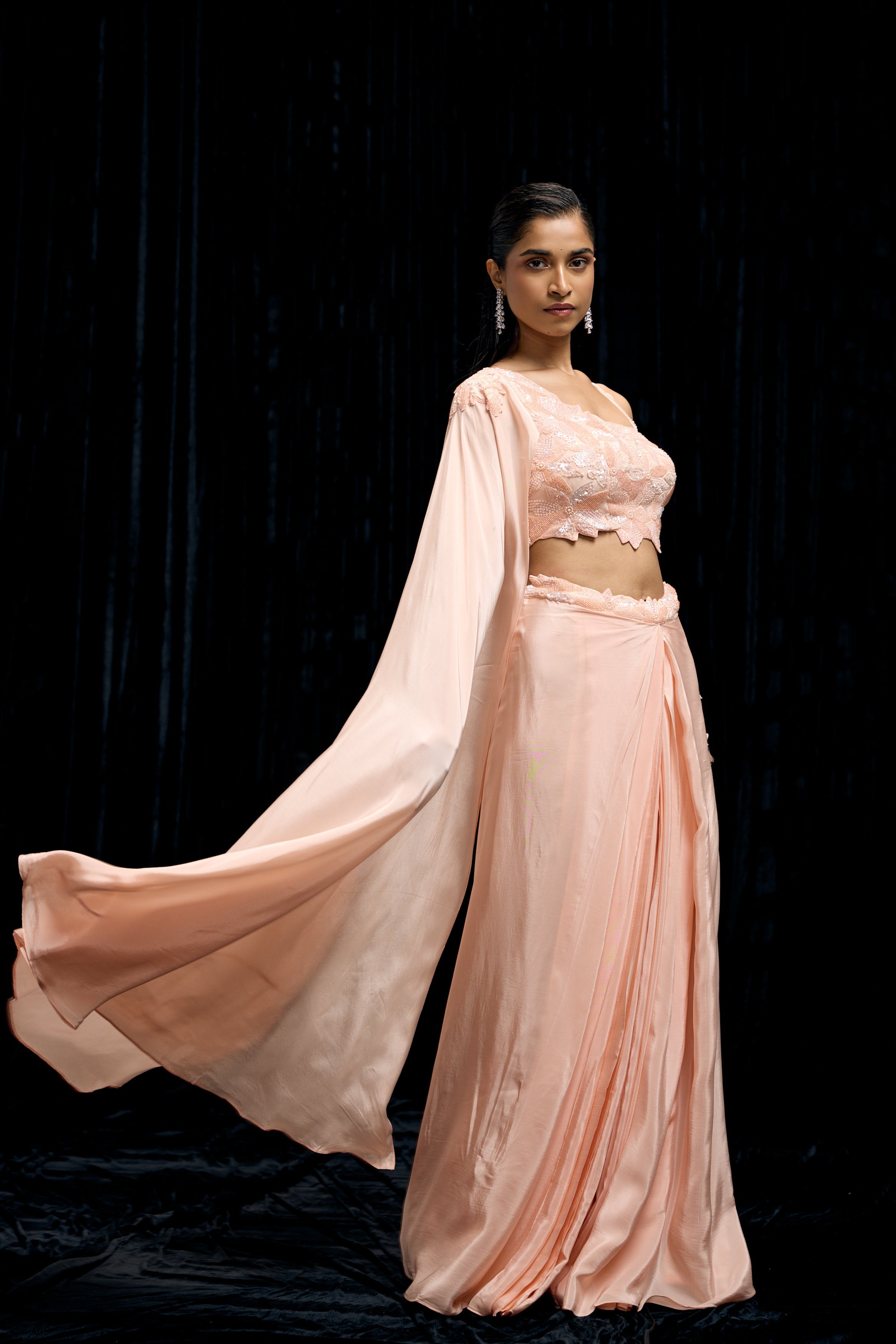 Peachy Pink Embellished Satin Silk Drape Skirt Set