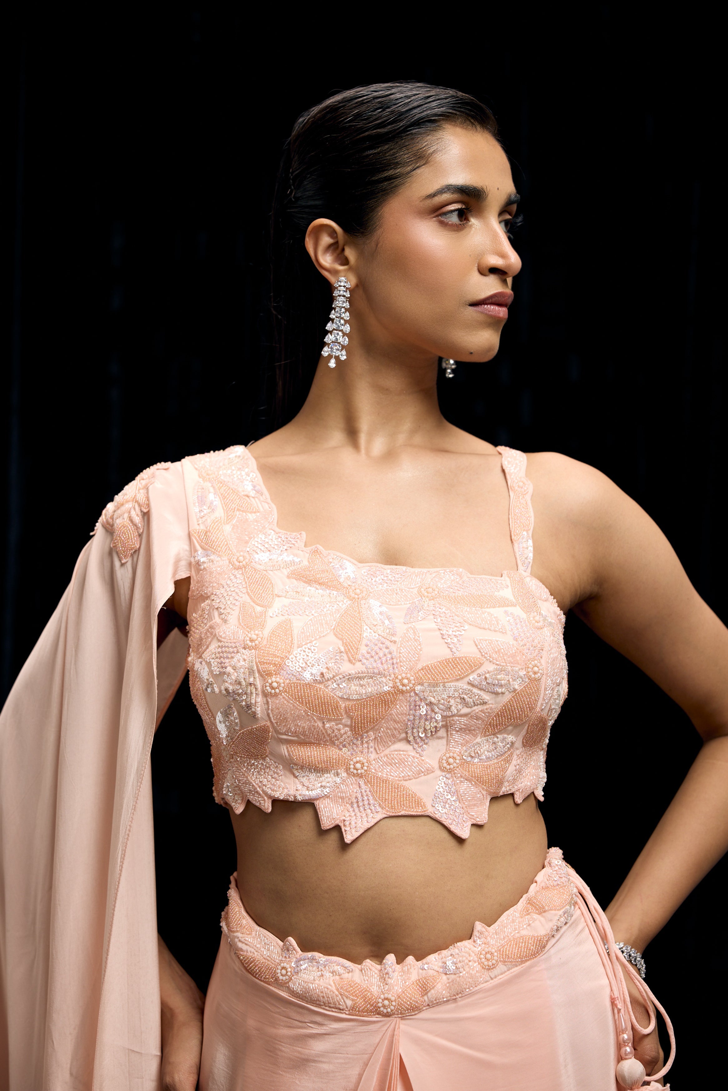 Peachy Pink Embellished Satin Silk Drape Skirt Set