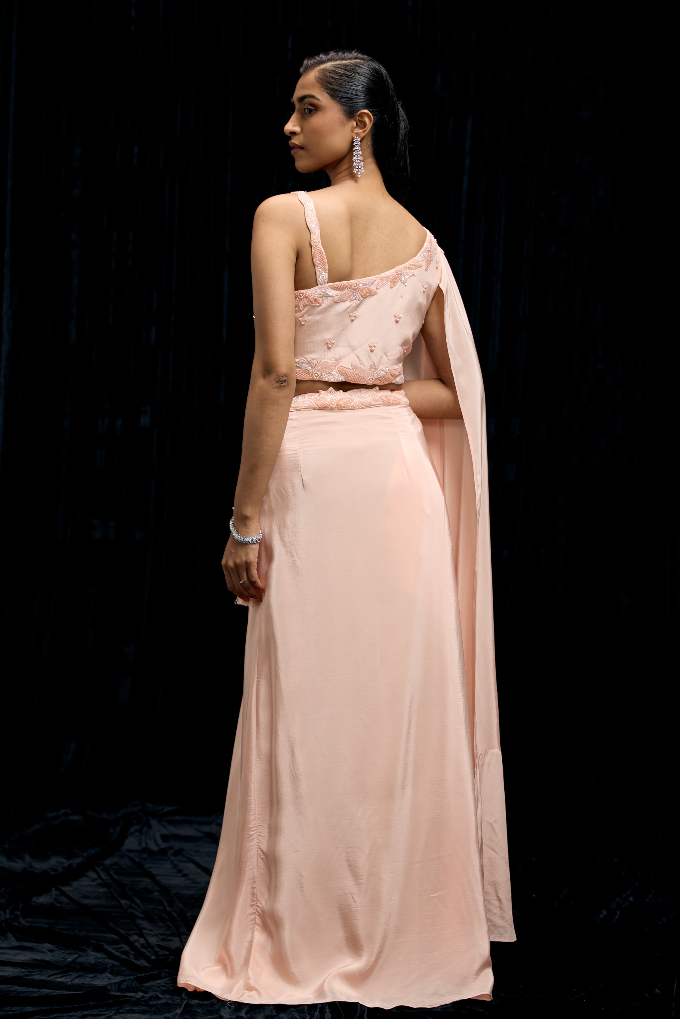 Peachy Pink Embellished Satin Silk Drape Skirt Set