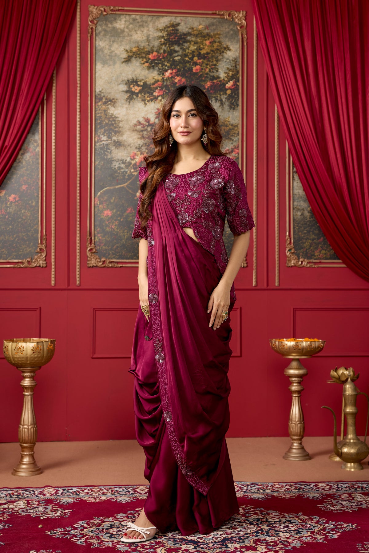 Burgundy Embellished Crepe Satin Silk Pre-Draped Saree