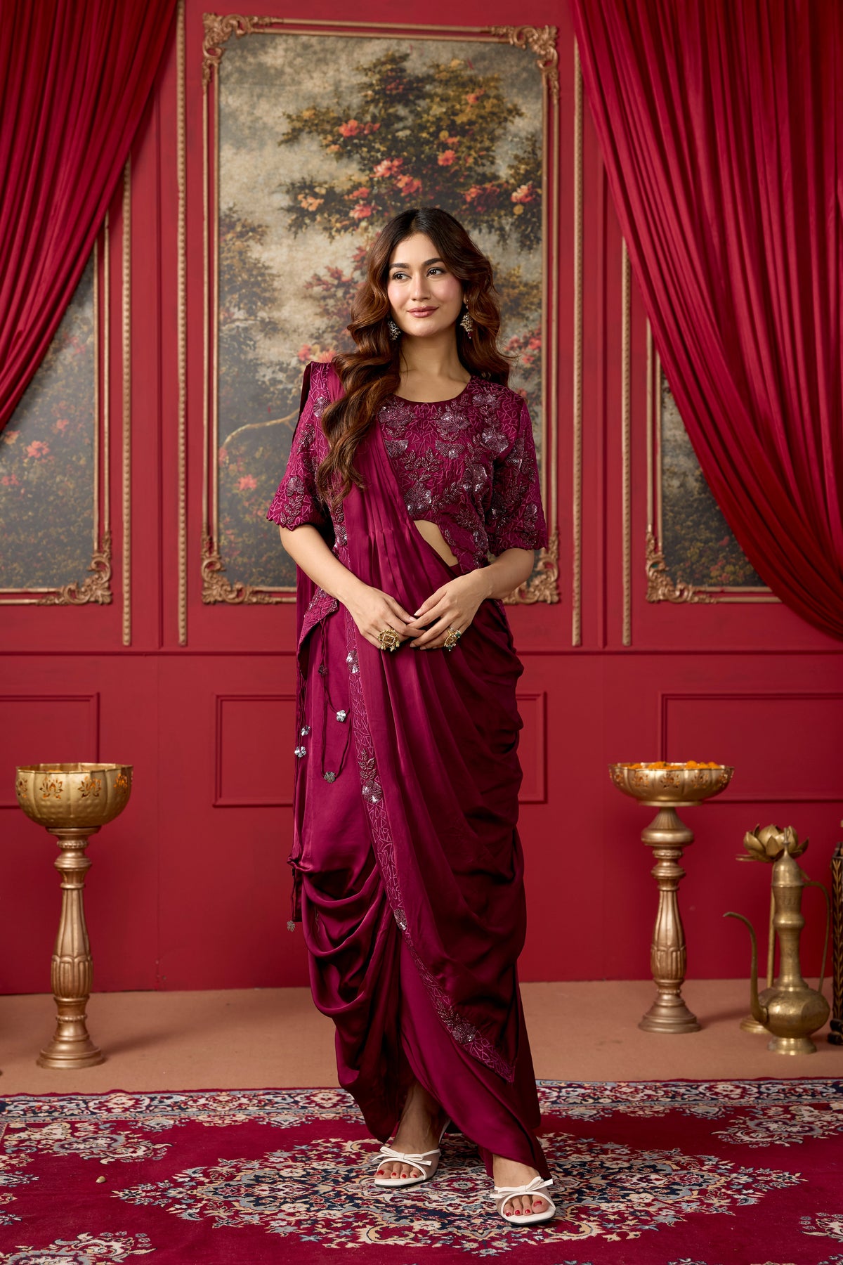 Burgundy Embellished Crepe Satin Silk Pre-Draped Saree