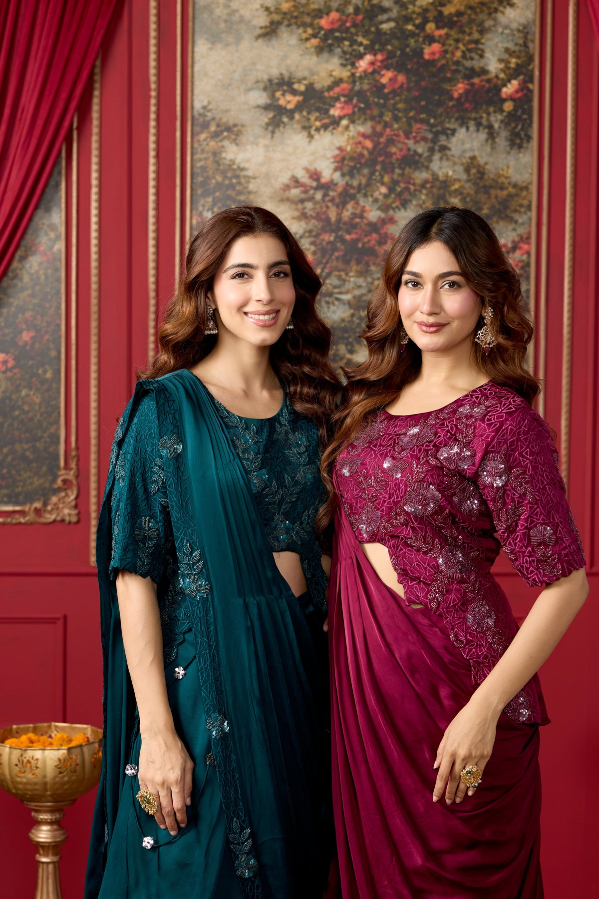 Burgundy Embellished Crepe Satin Silk Pre-Draped Saree