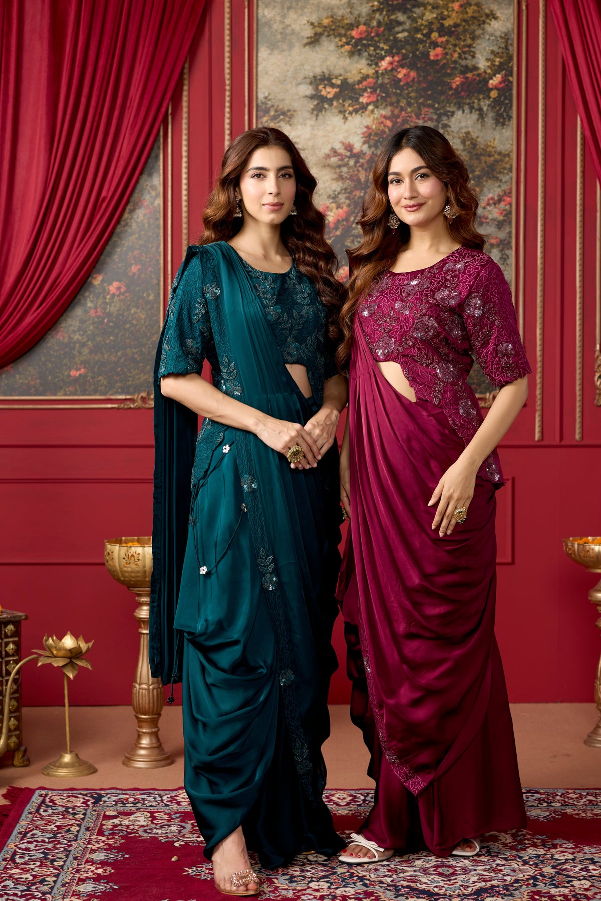 Burgundy Embellished Crepe Satin Silk Pre-Draped Saree