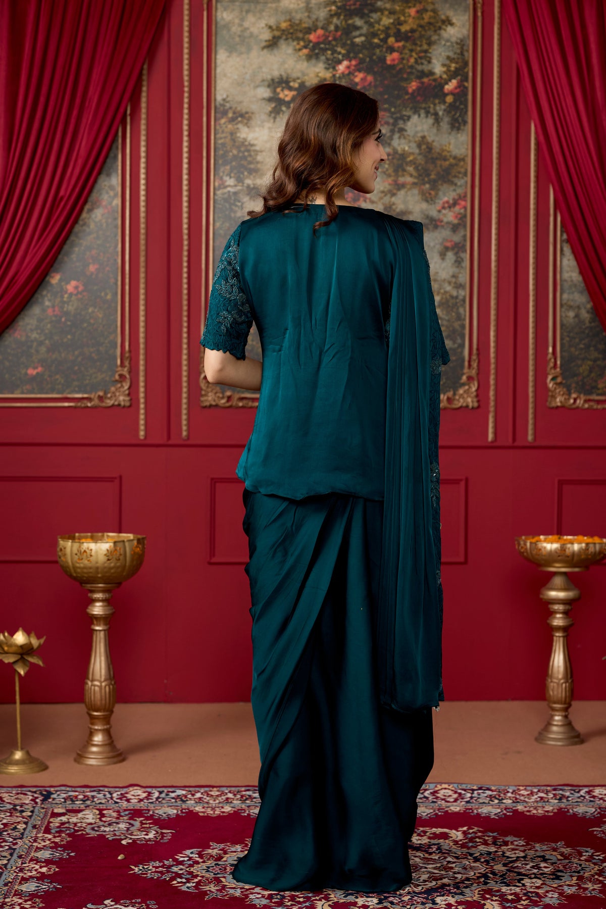Teal Embellished Crepe Satin Silk Pre-Draped Saree