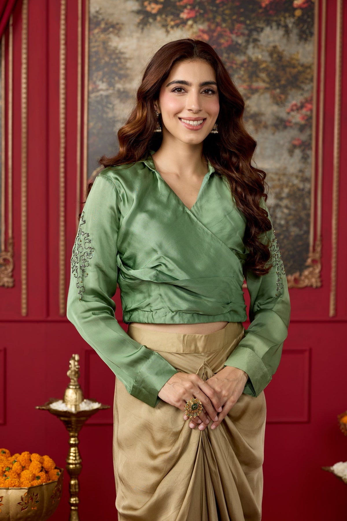 Sage Green Embellished Crepe Satin Silk Skirt Set