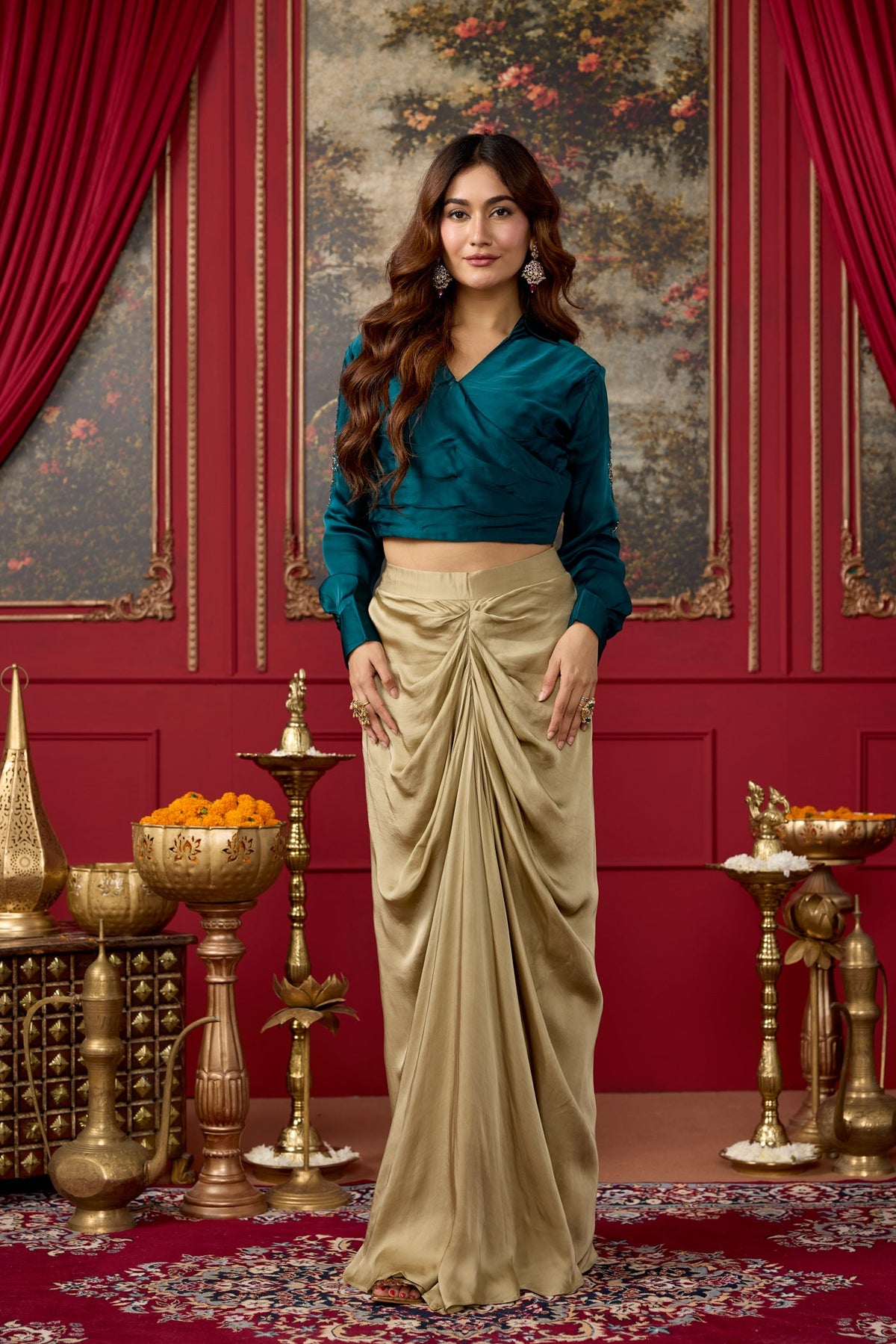 Teal Green Embellished Crepe Satin Silk Skirt Set