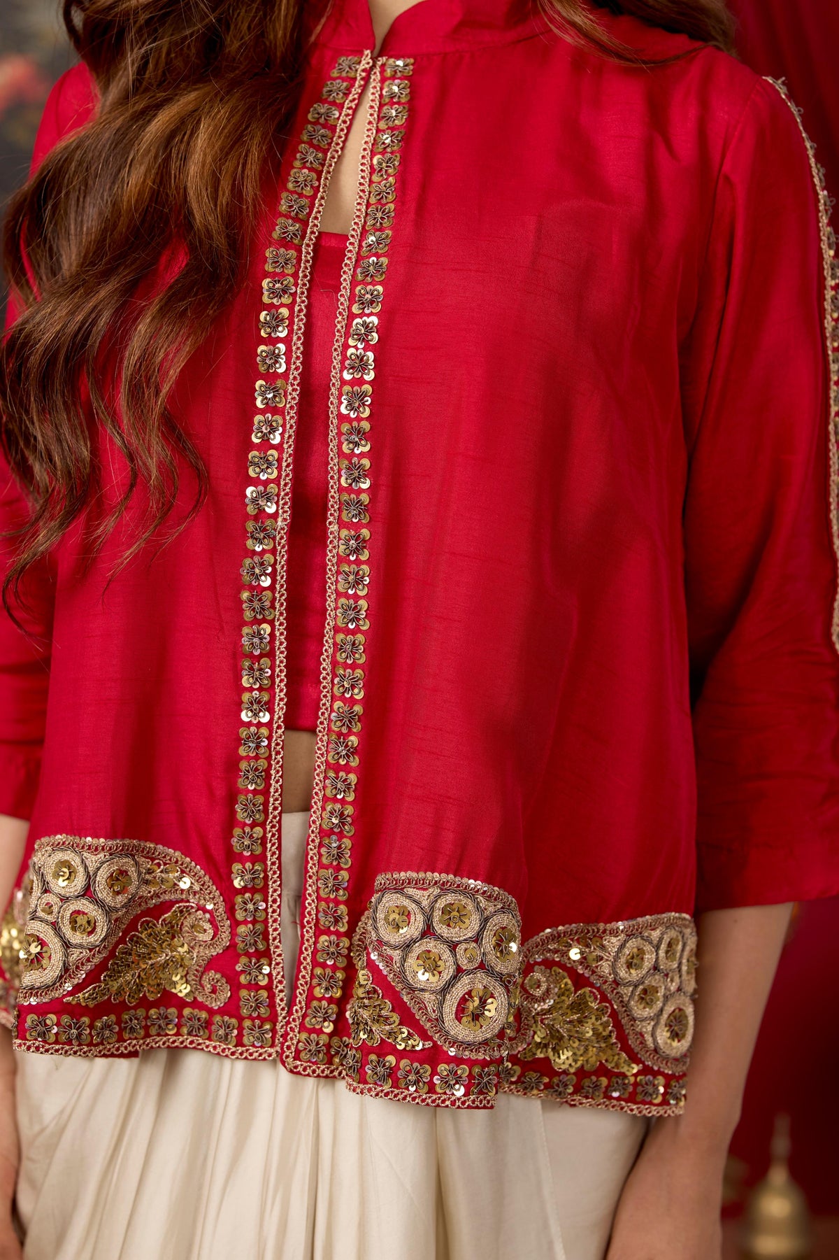 Red Ecru Embellished Raw Silk Pant Set