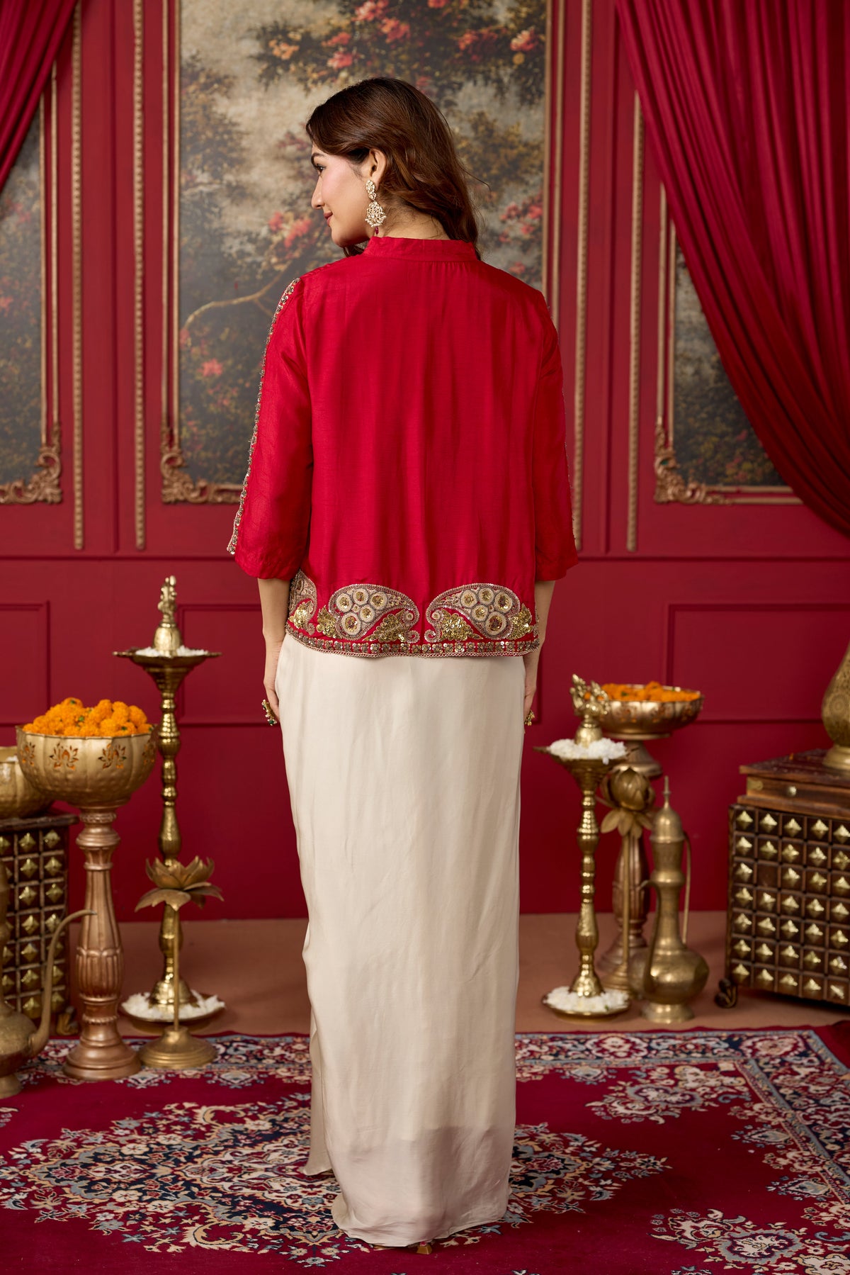 Red Ecru Embellished Raw Silk Pant Set