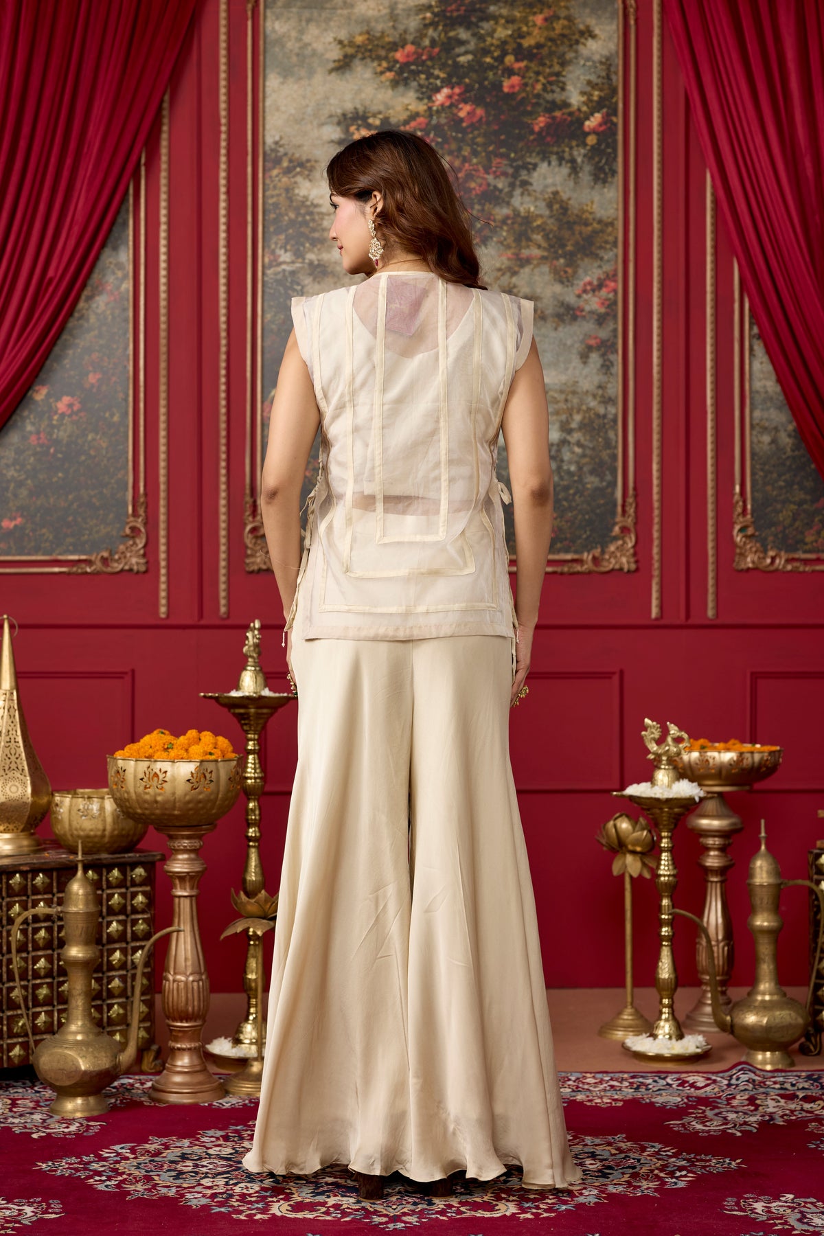 Off Beige Embellished Satin Silk Palazzo Set