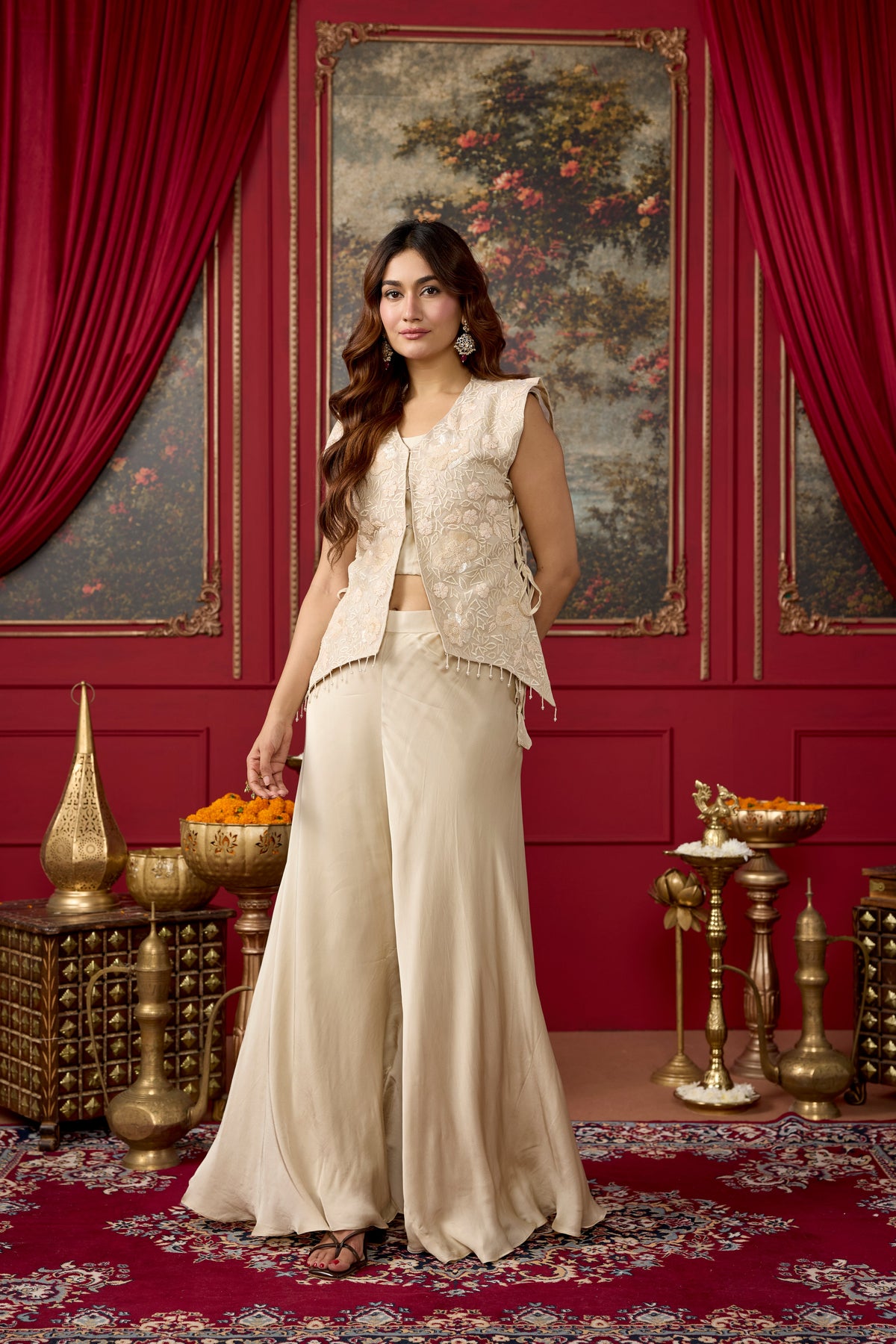 Off Beige Embellished Satin Silk Palazzo Set