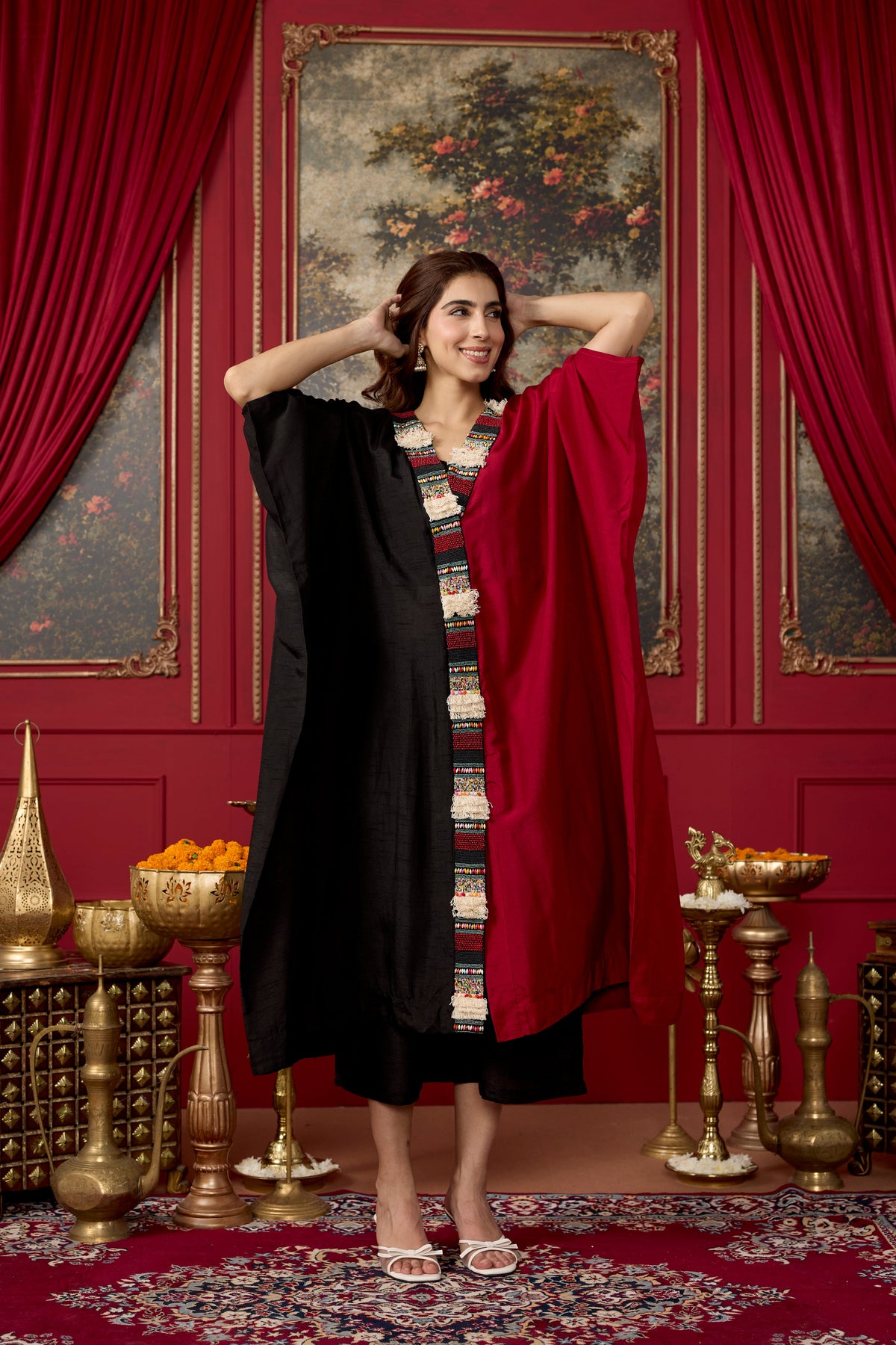 Black and Maroon Embellished Raw Silk Kaftan Set
