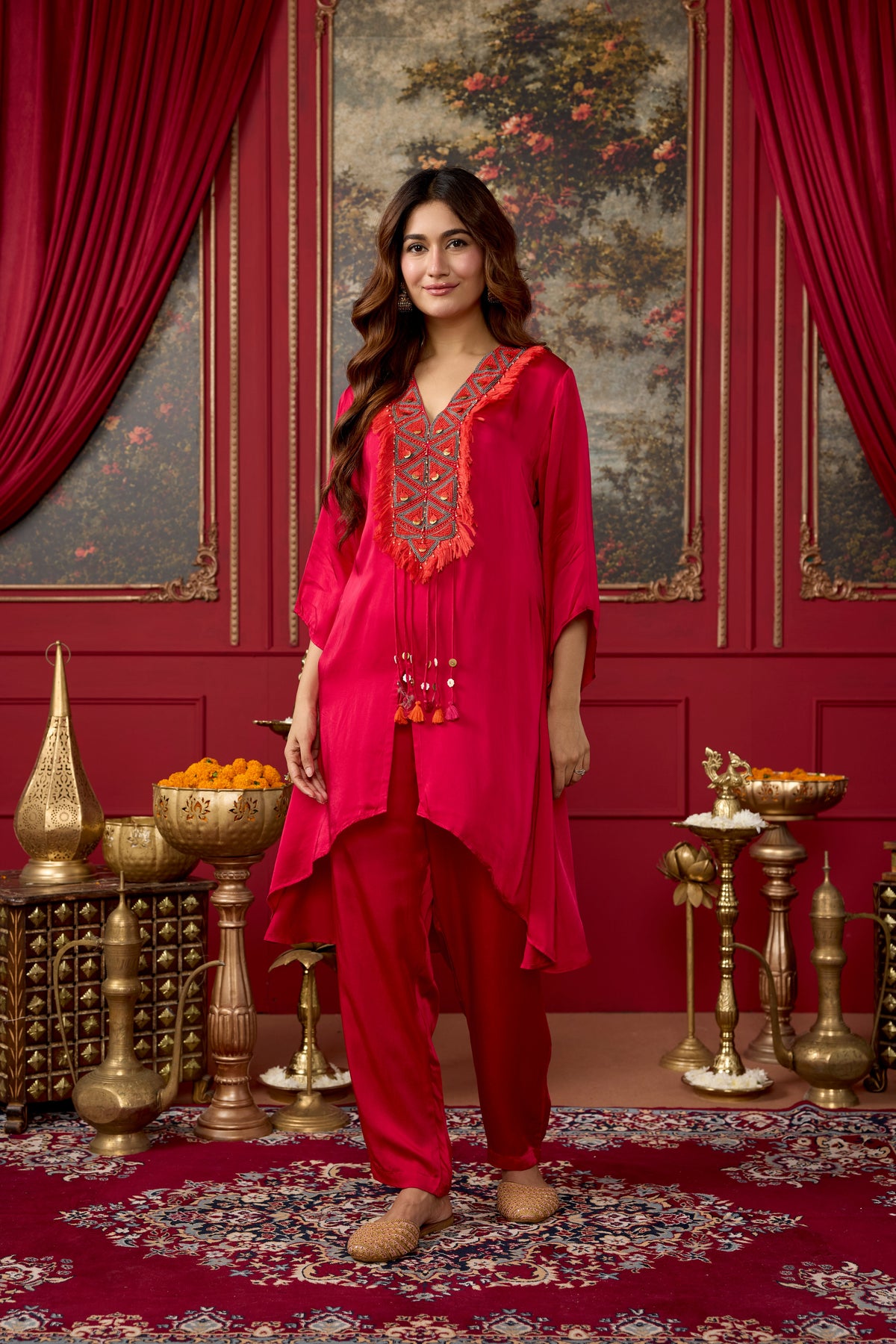 Bright Rani Pink Embellished Satin Silk Pant Set