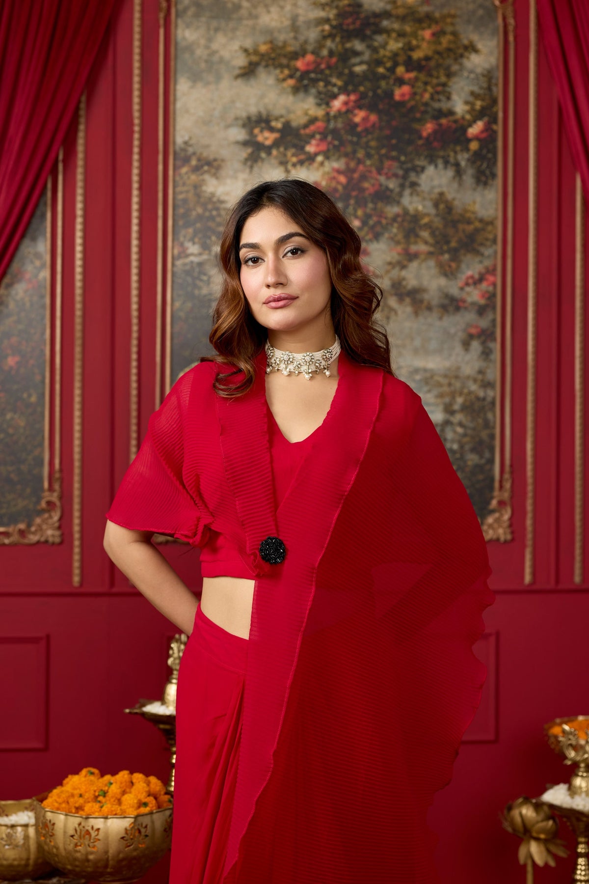 Rich Red Embellished Georgette Silk Skirt Set