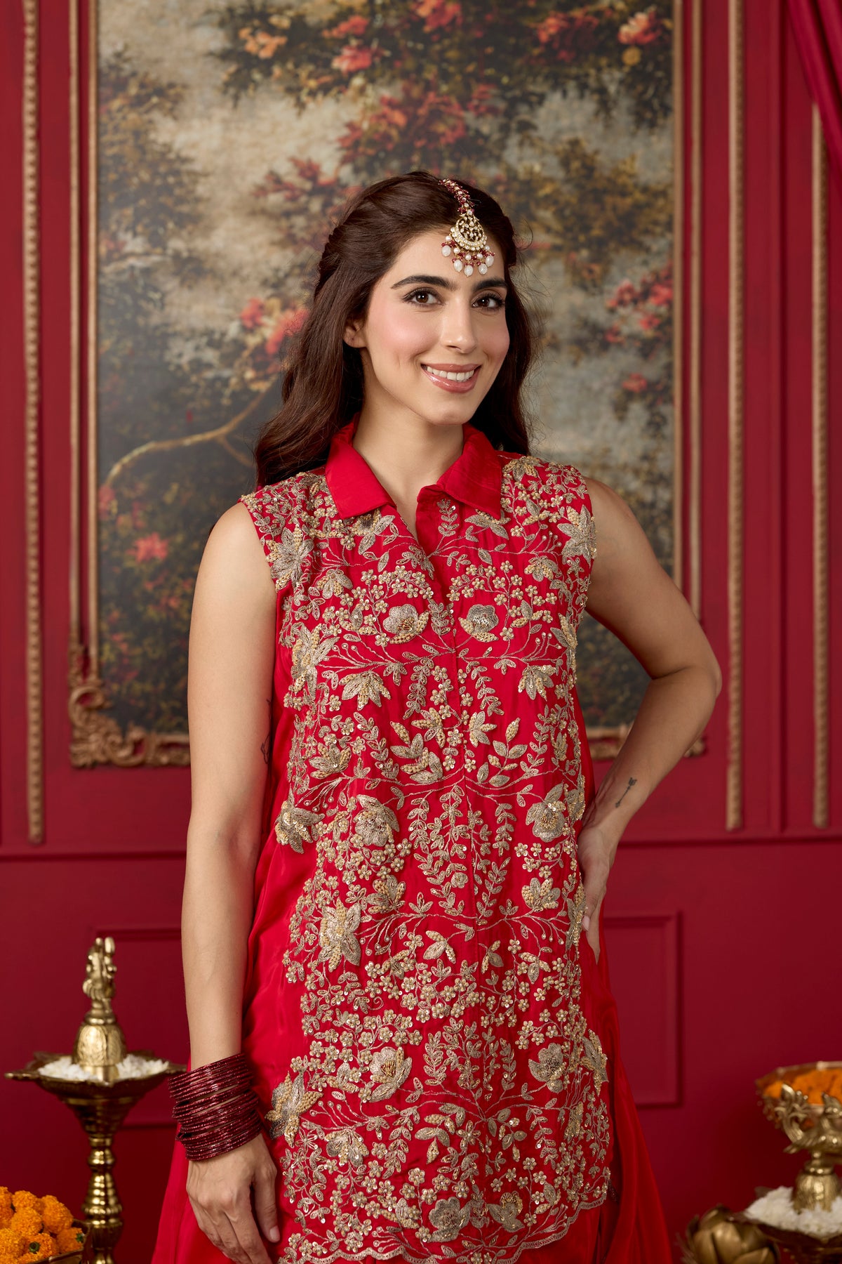 Red Chili Embellished Crepe Silk Skirt Set