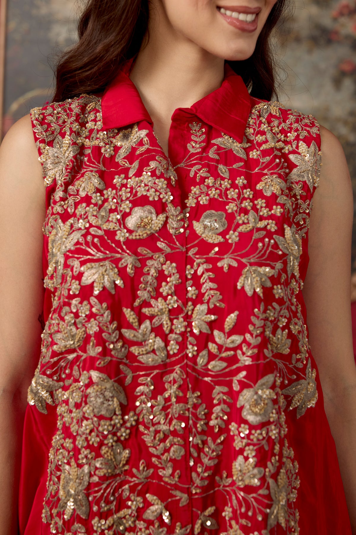 Red Chili Embellished Crepe Silk Skirt Set