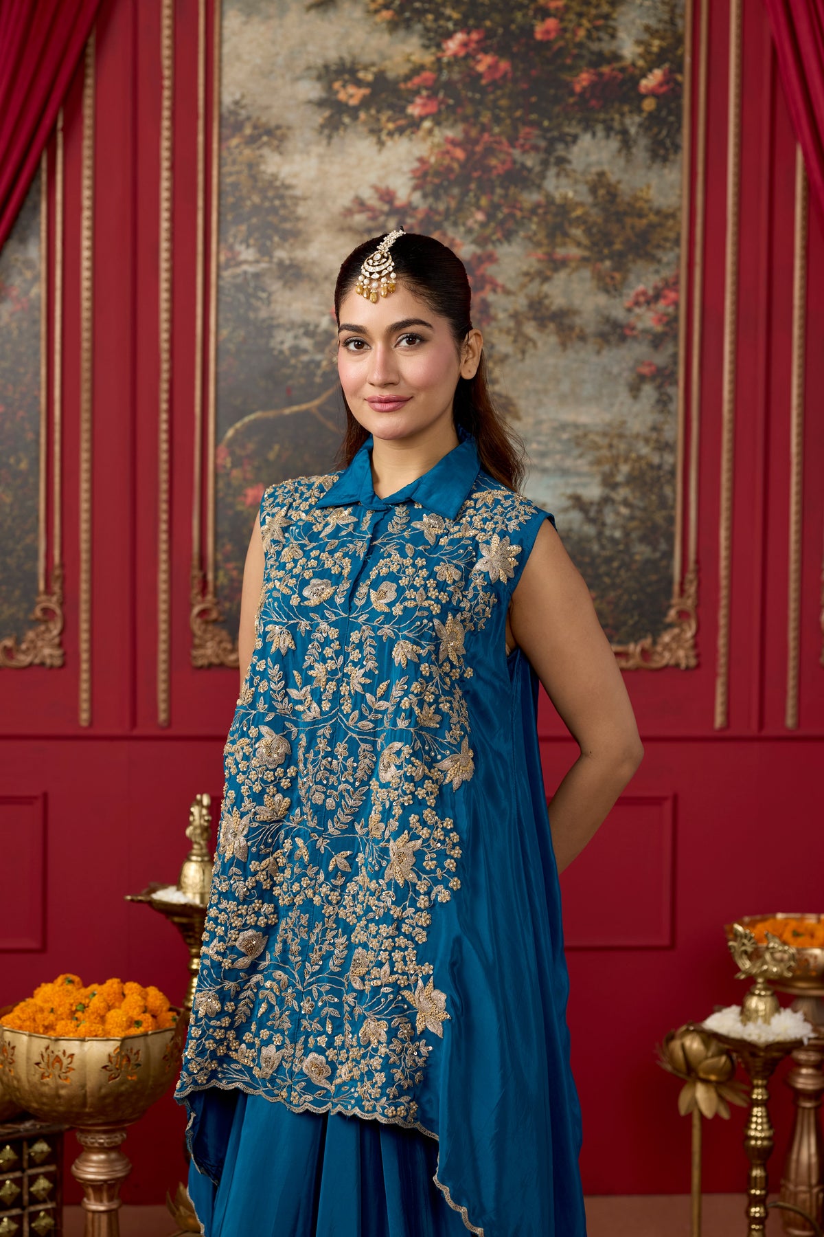 Azure Blue Embellished Crepe Silk Skirt Set