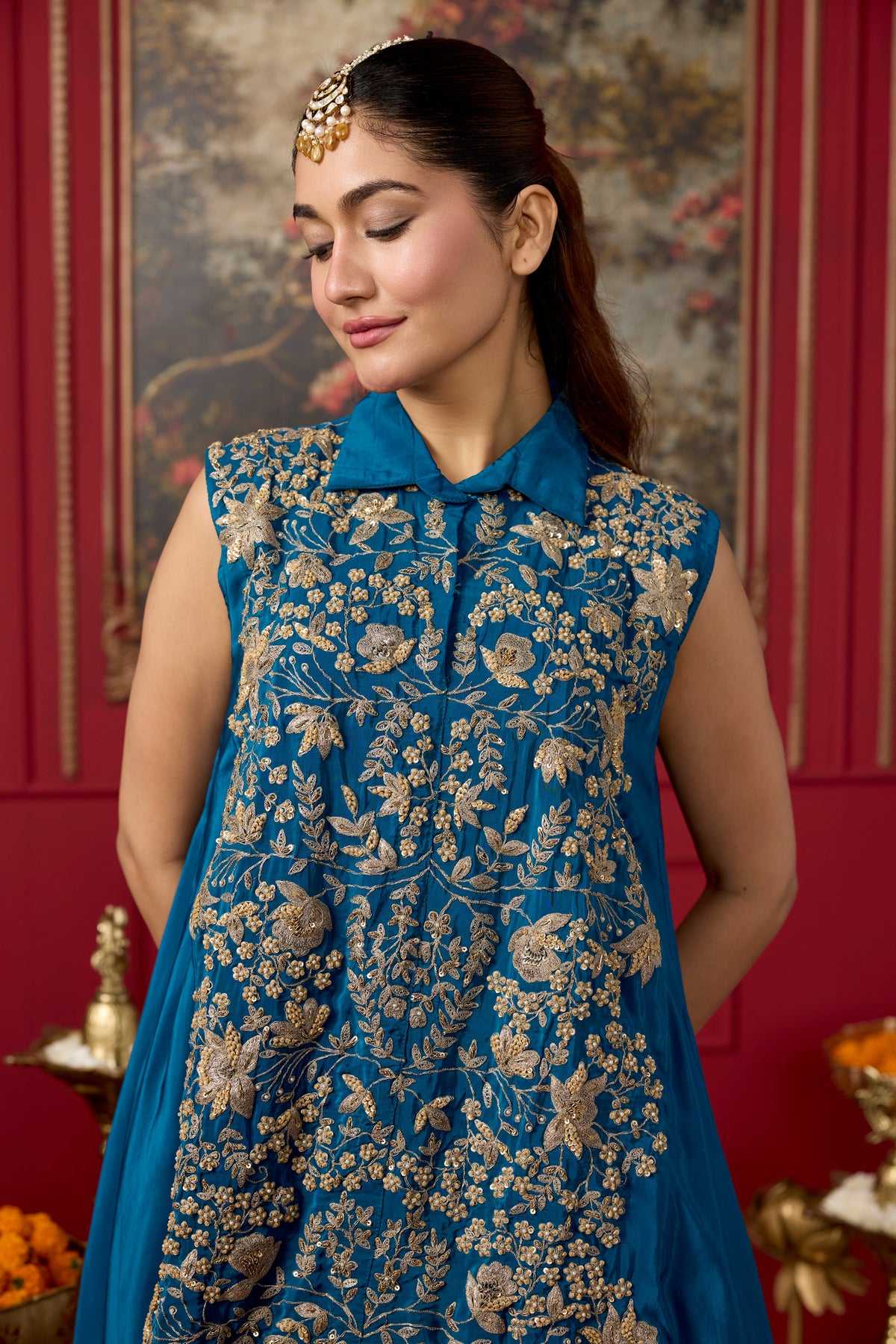 Azure Blue Embellished Crepe Silk Skirt Set