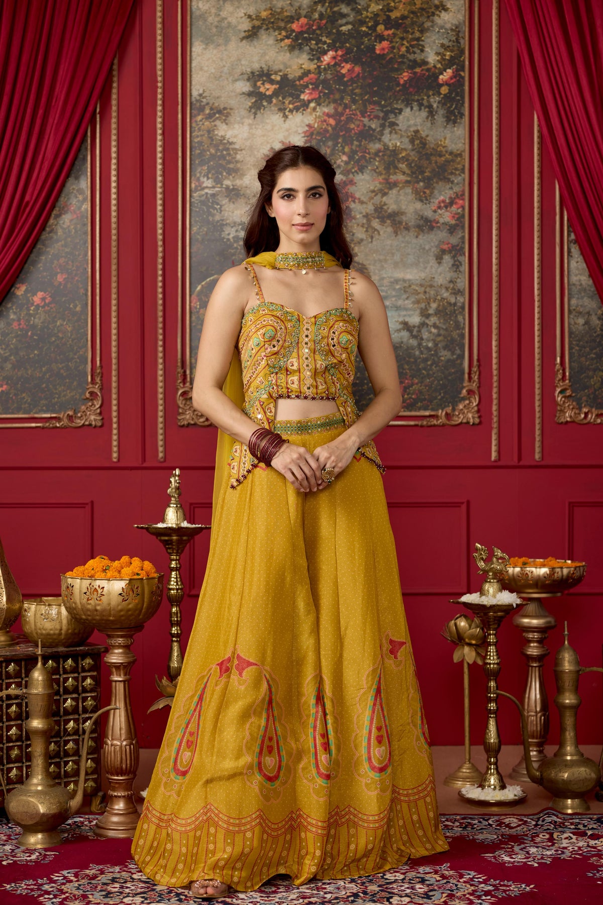 Sunshine Yellow Embellished Shimmer Silk Palazzo Set