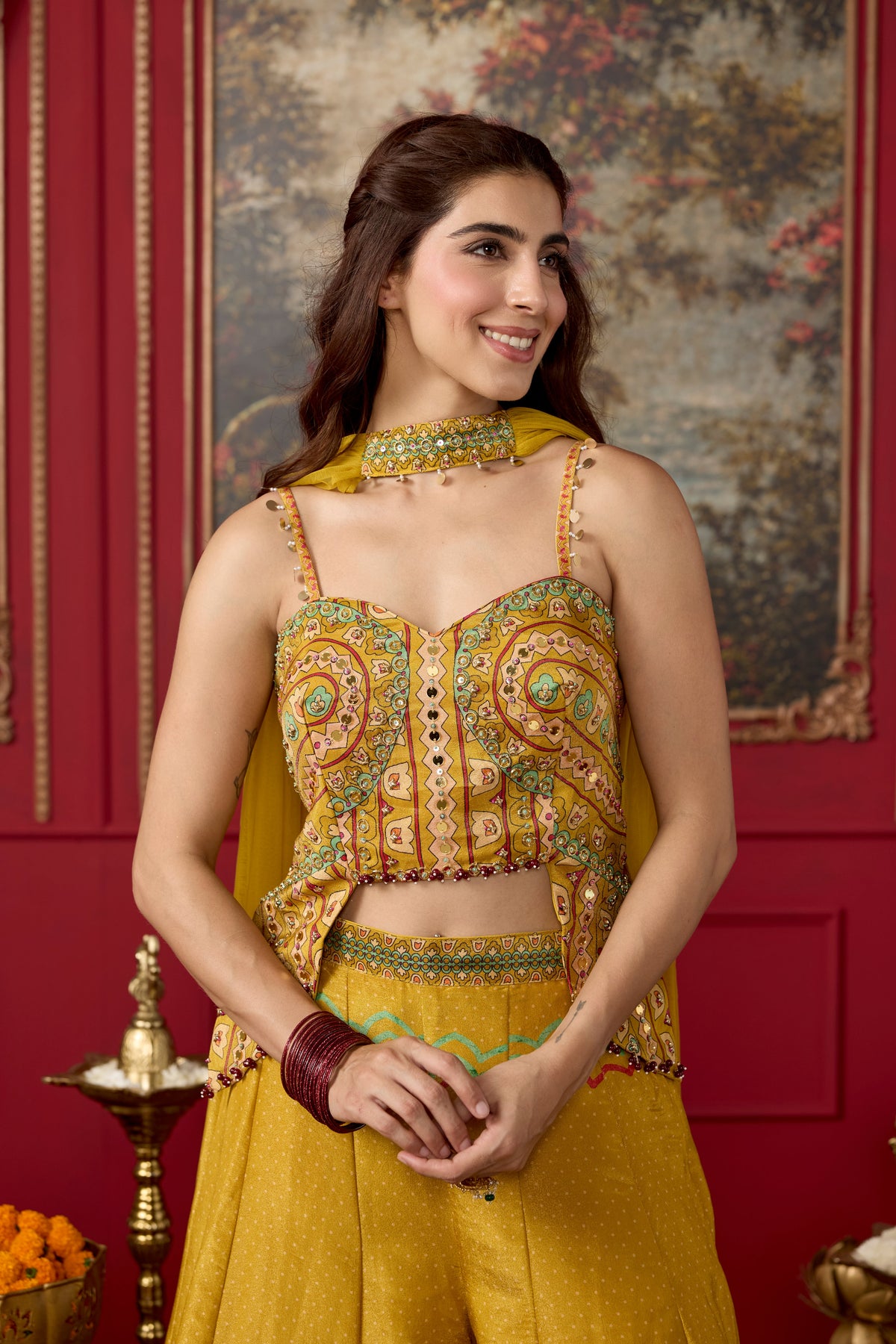 Sunshine Yellow Embellished Shimmer Silk Palazzo Set