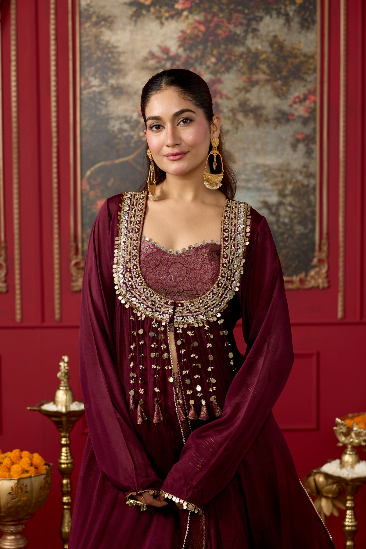 Deep Wine Embellished Brocade Silk Palazzo Set