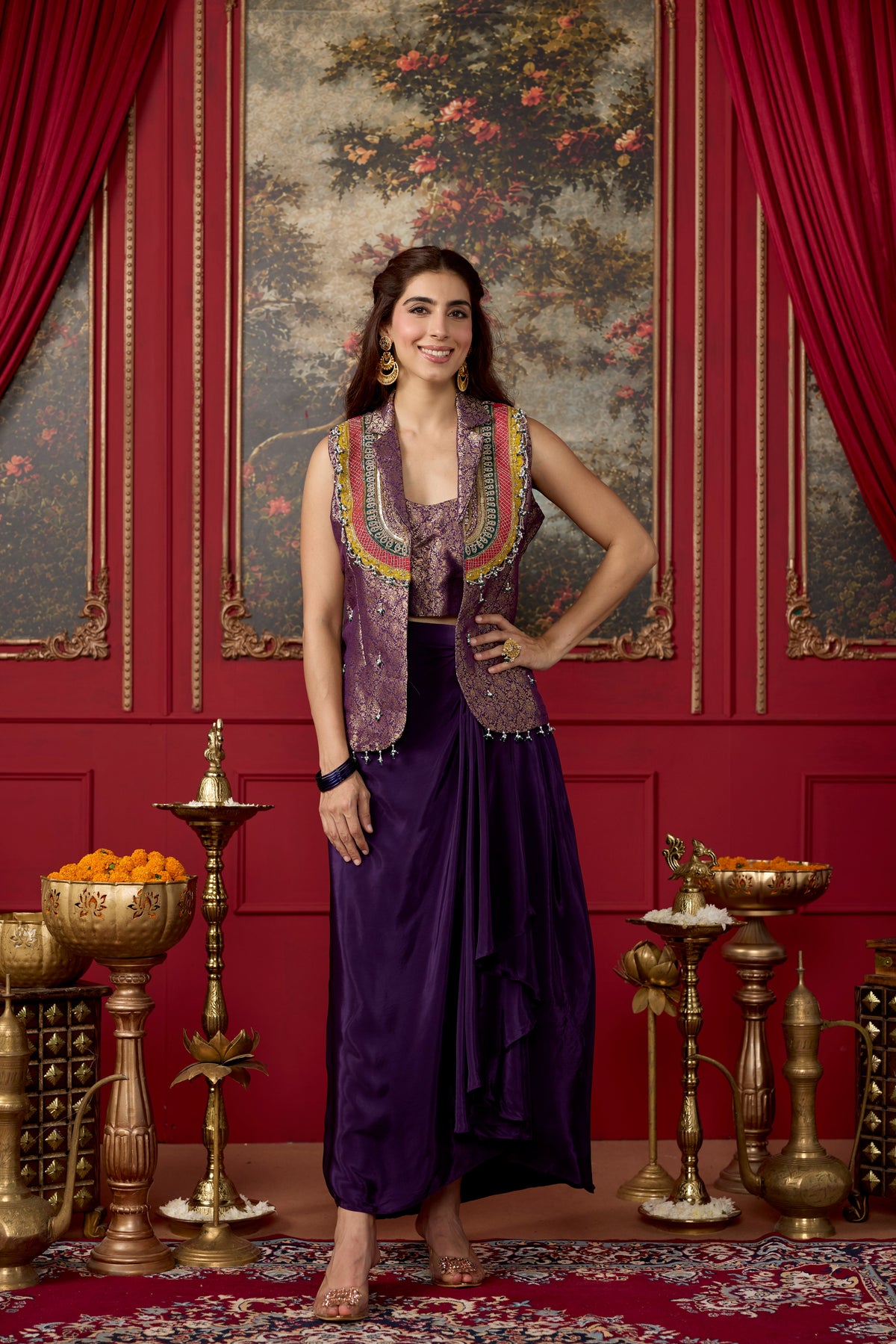 Regal Purple Embellished Crepe Silk Skirt Set