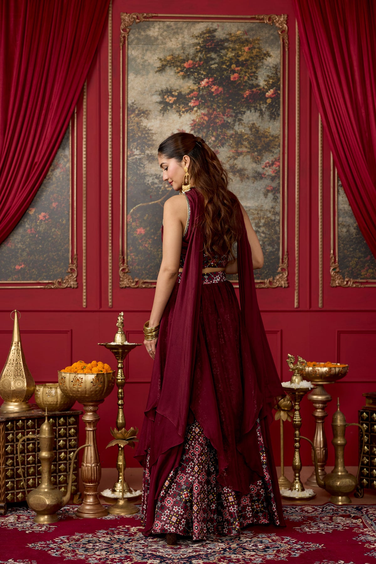 Deep Wine Embellished Chinon Silk Skirt Set