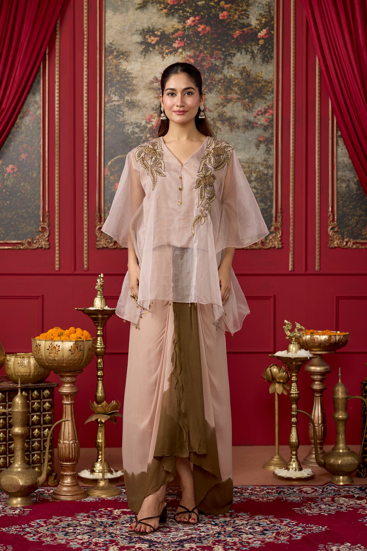 Nude Embroidered Organza Silk Drape Skirt Set