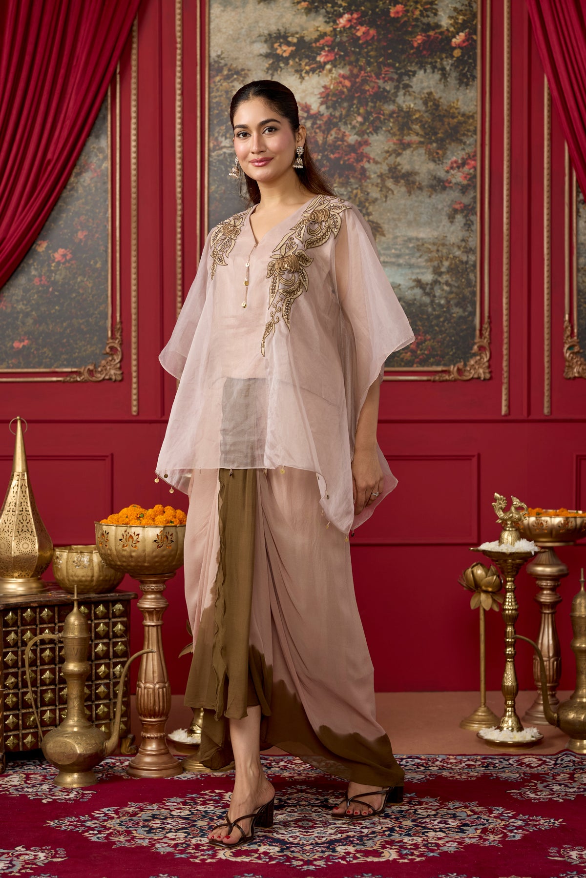 Nude Embroidered Organza Silk Drape Skirt Set