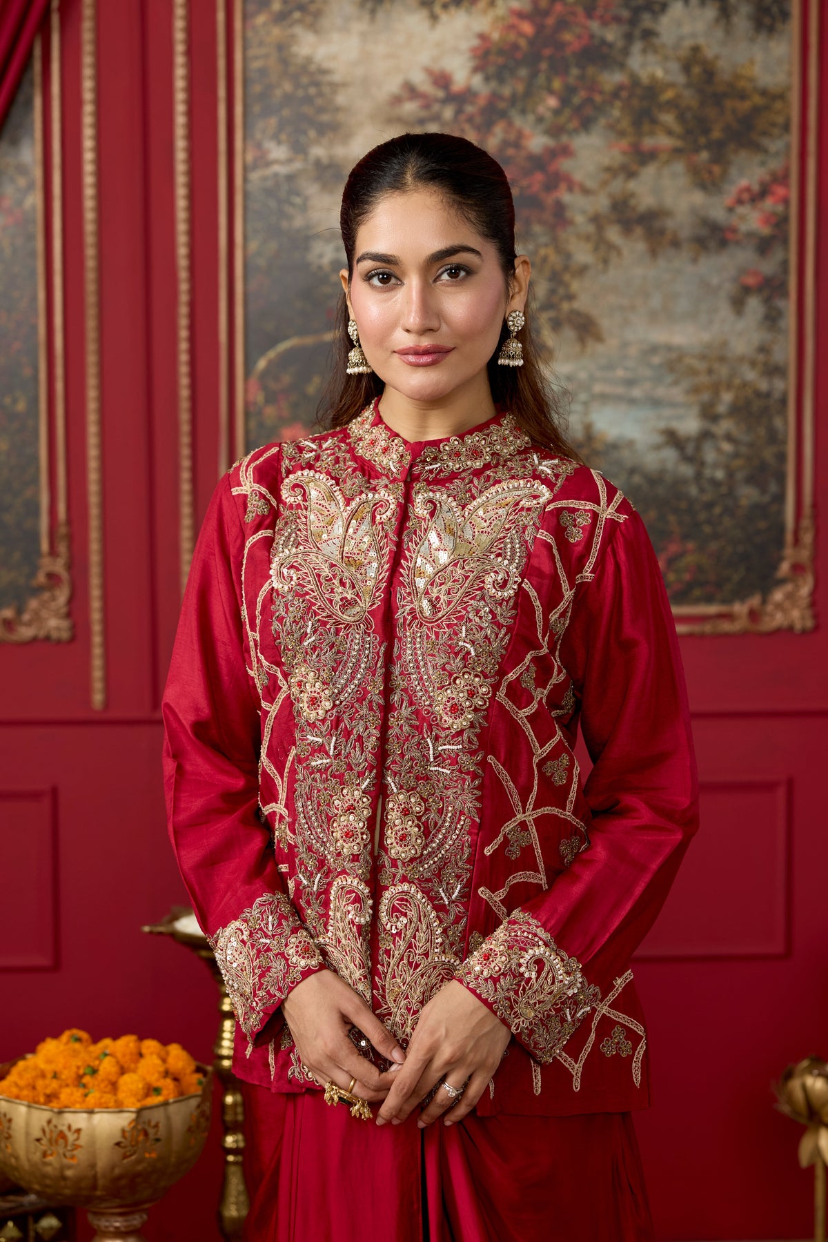 Deep Red Embellished Raw Silk Skirt Set