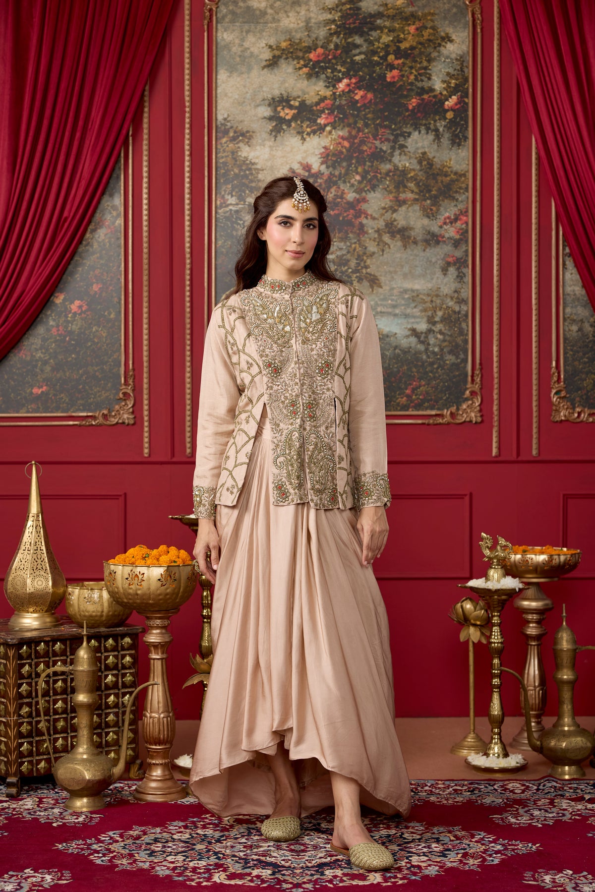 Blush Champagne Embellished Raw Silk Skirt Set