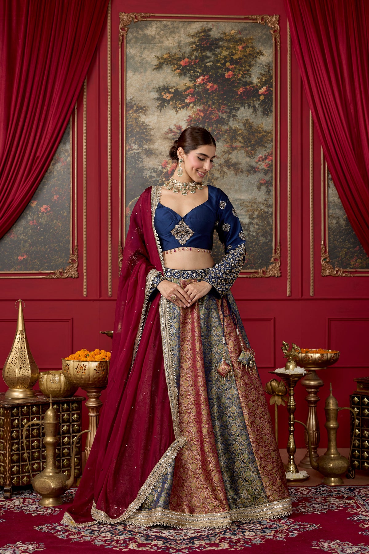 Navy Maroon Embellished Banarasi Brocade Silk Lehenga Set