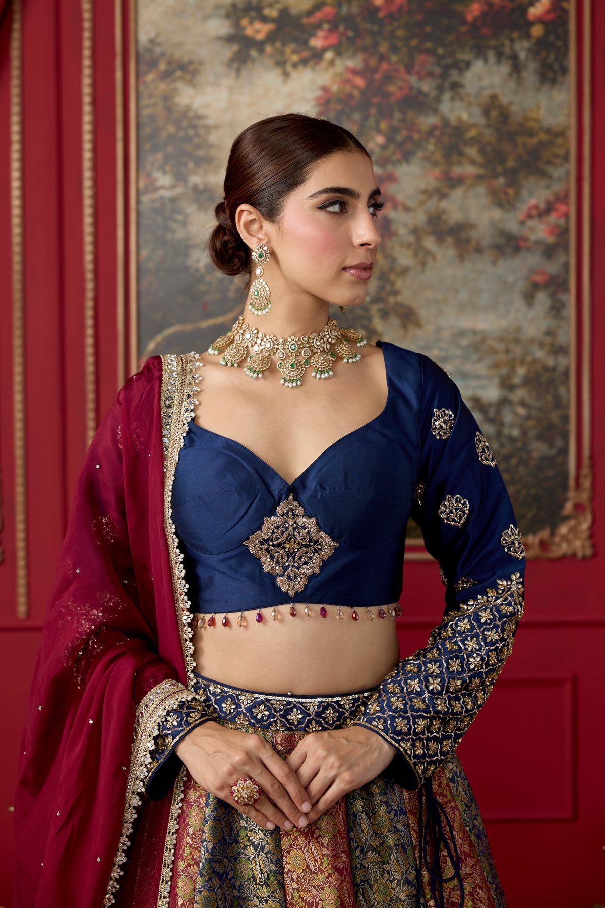 Navy Maroon Embellished Banarasi Brocade Silk Lehenga Set
