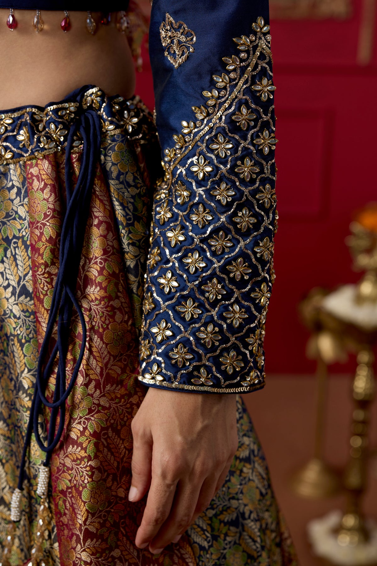 Navy Maroon Embellished Banarasi Brocade Silk Lehenga Set