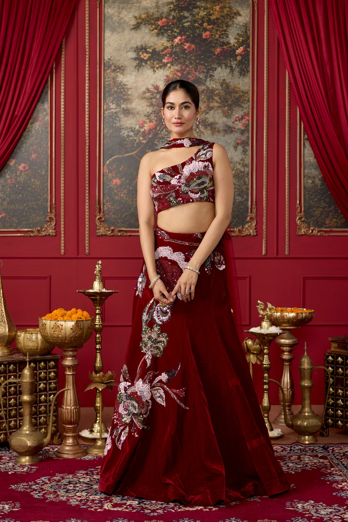 Deep Maroon Embellished Velvet Lehenga Set