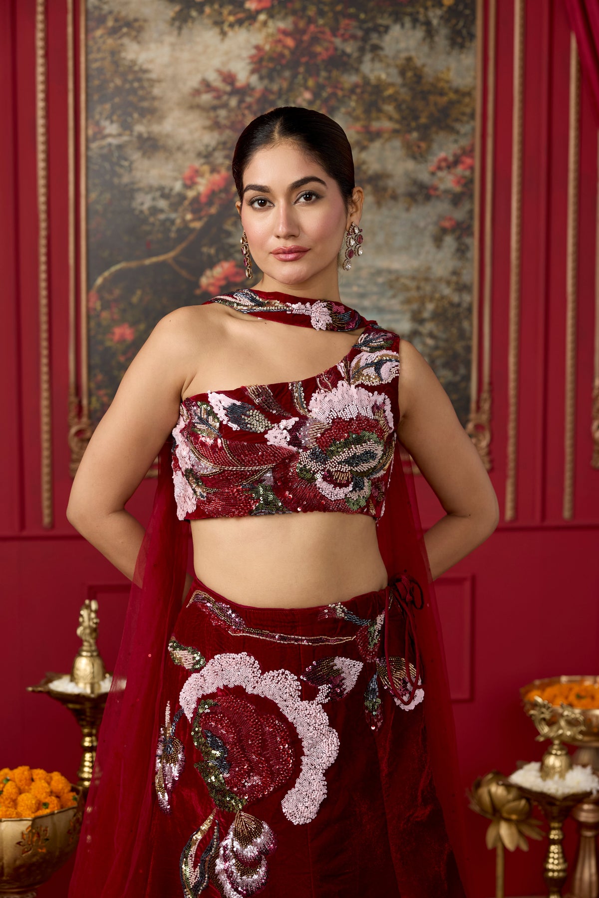 Deep Maroon Embellished Velvet Lehenga Set