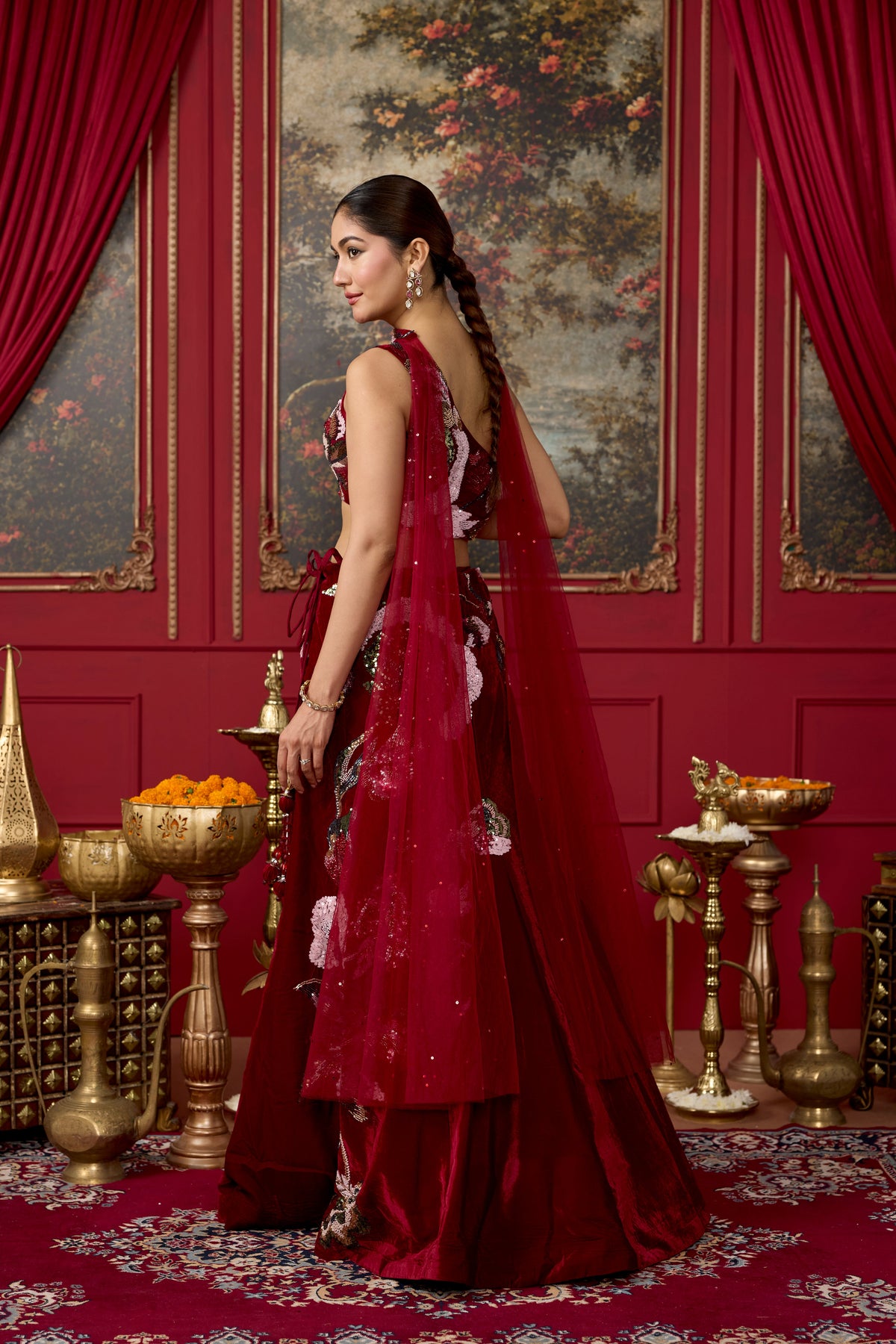 Deep Maroon Embellished Velvet Lehenga Set