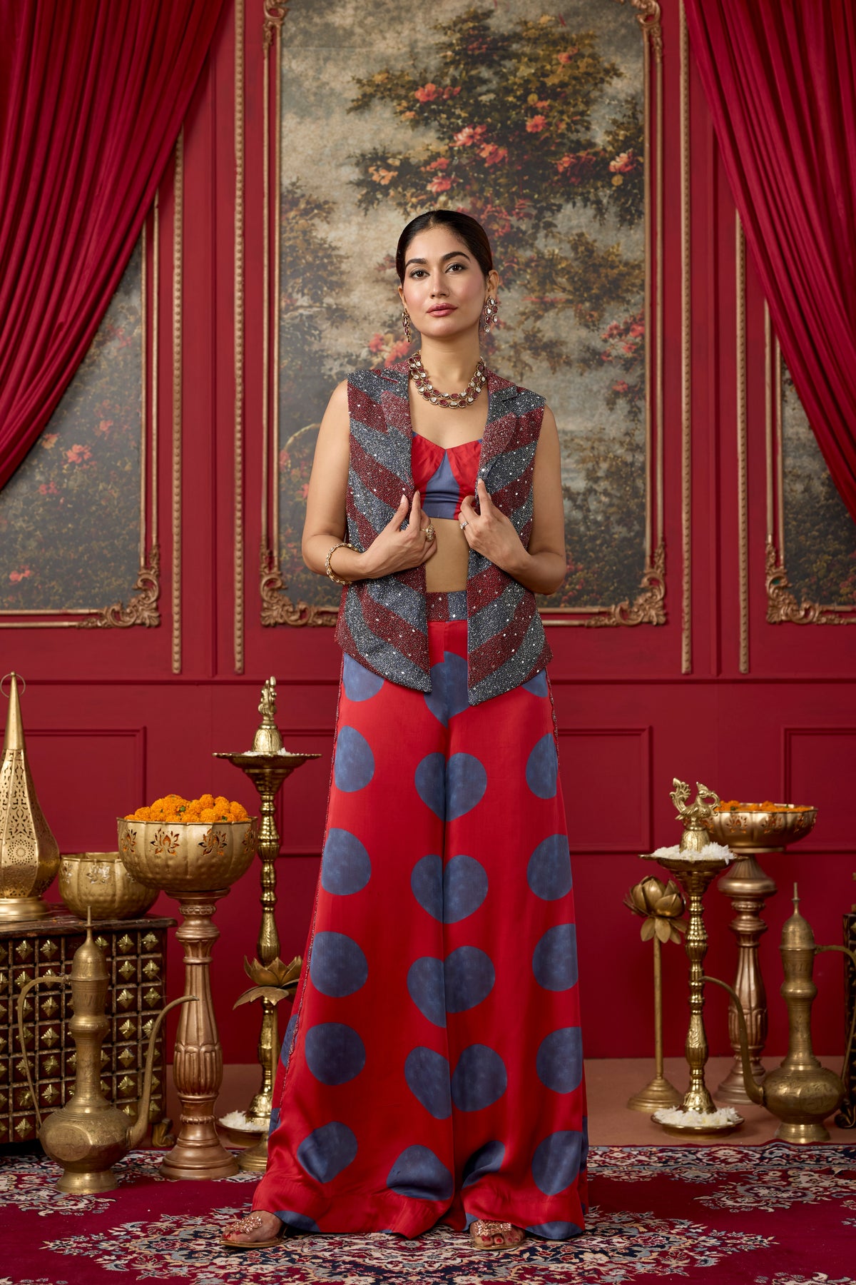 Crimson Red Embellished Crepe Satin Silk Palazzo Set