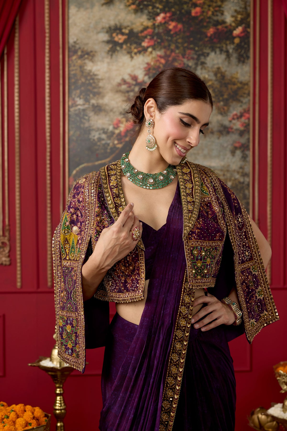 Deep Purple Embellished Chinon Silk Draped Skirt Saree