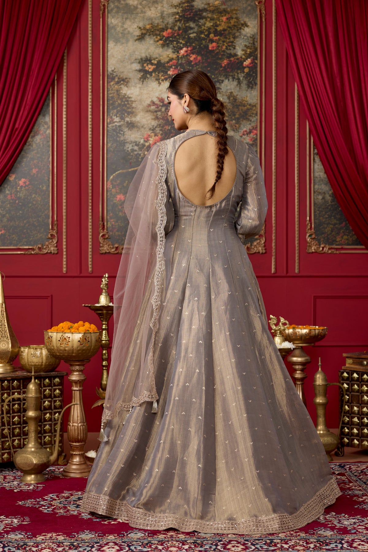Mauve Taupe Embellished Brocade Silk Anarkali Set