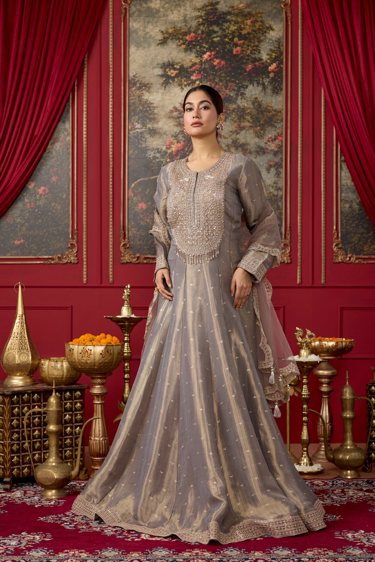 Mauve Taupe Embellished Brocade Silk Anarkali Set