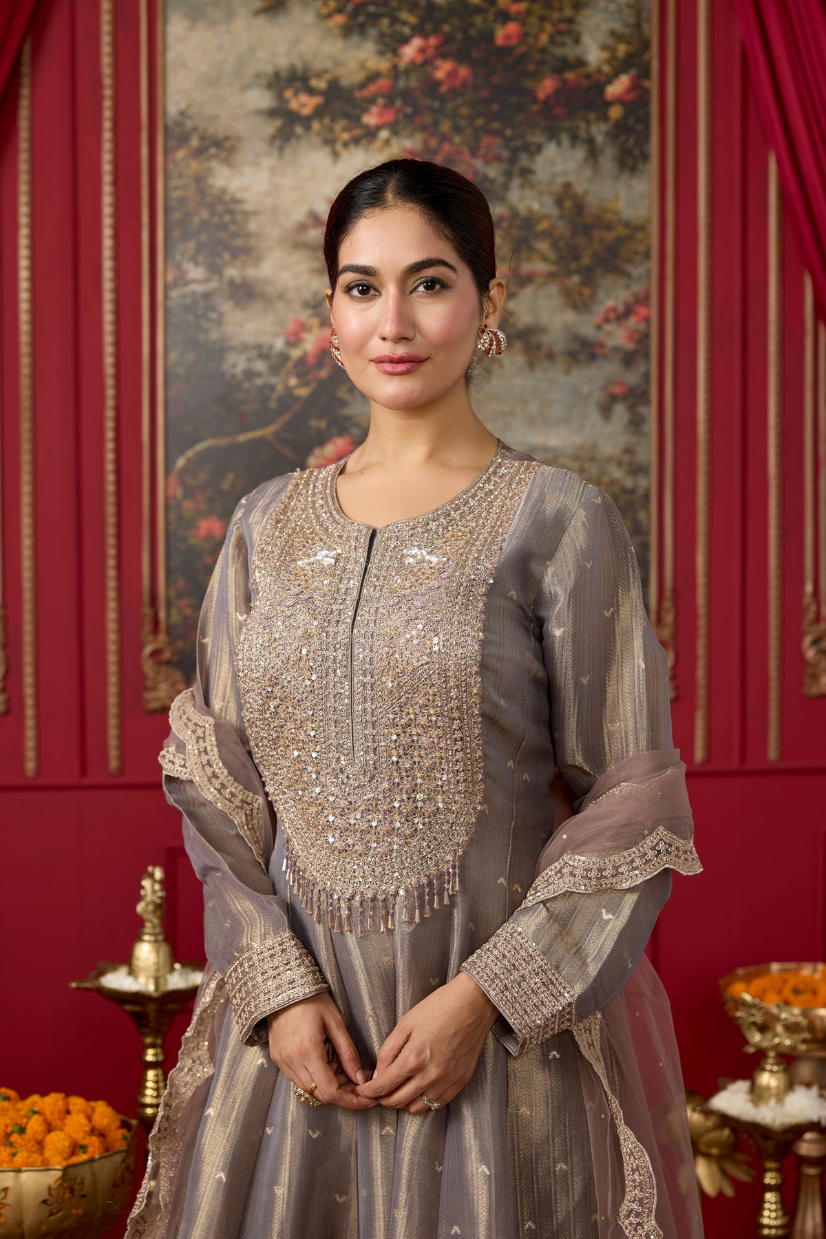 Mauve Taupe Embellished Brocade Silk Anarkali Set