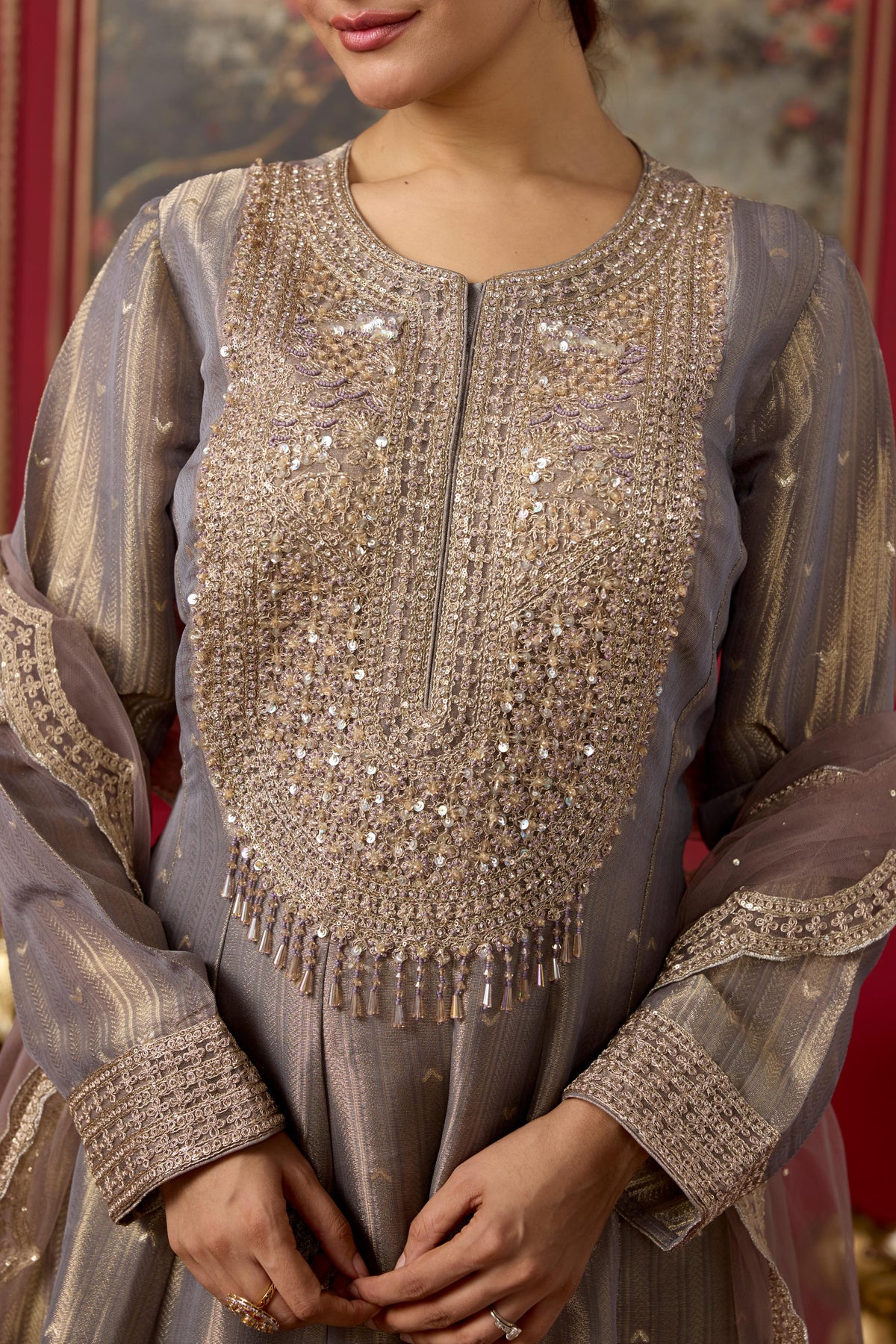Mauve Taupe Embellished Brocade Silk Anarkali Set